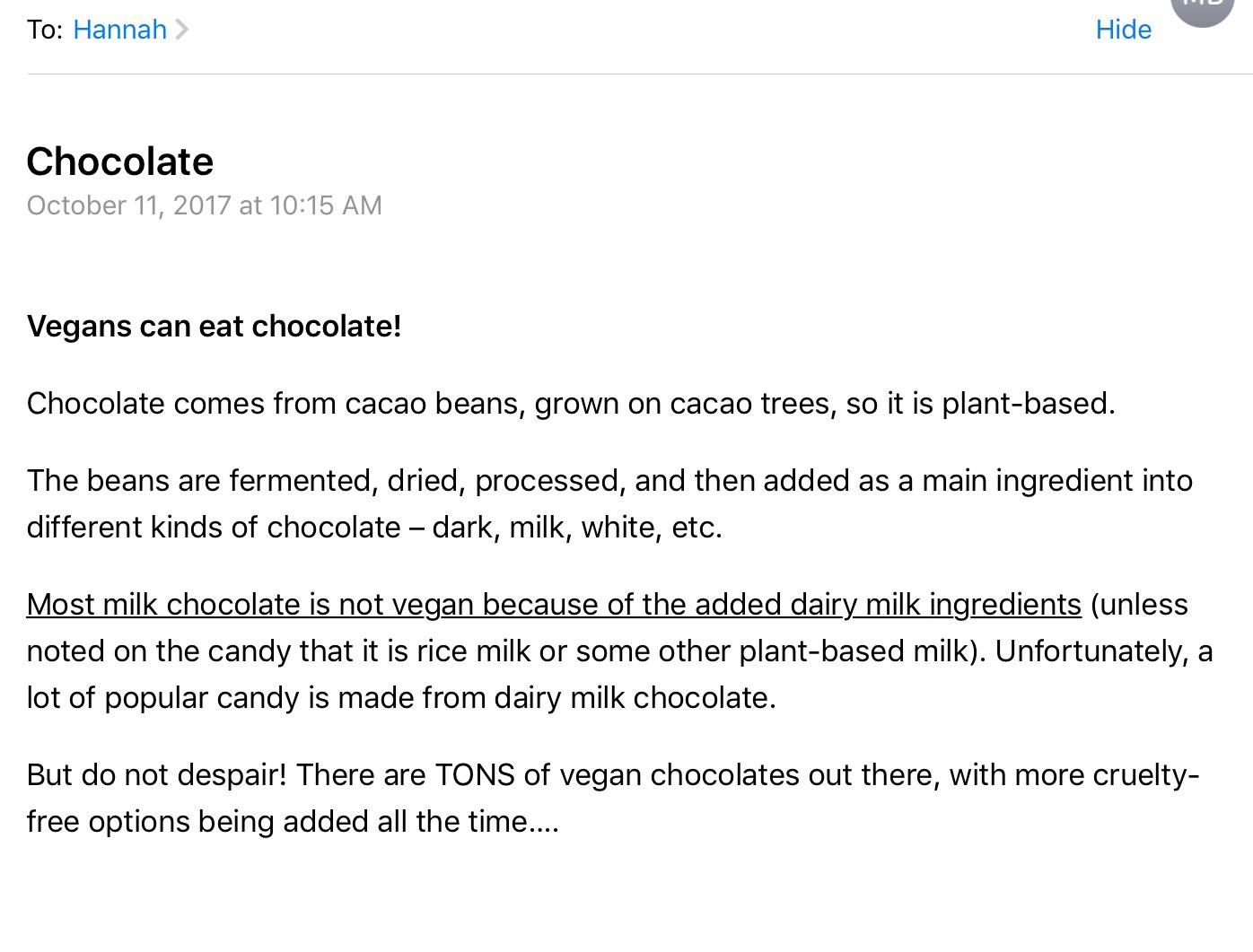 "Most MILK chocolate is not vegan" my mother
