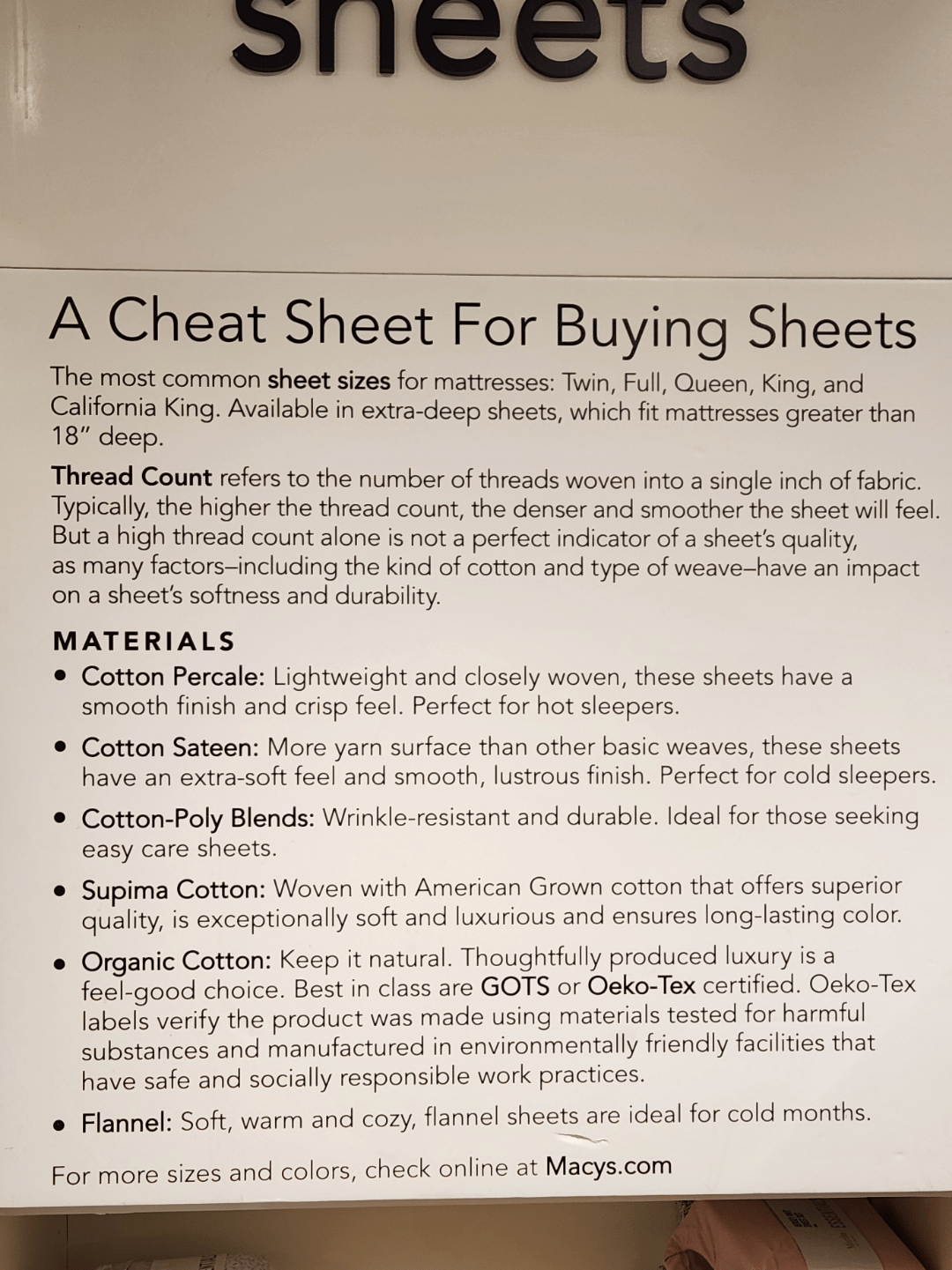 Explaining different bed sheet materials r/coolguides