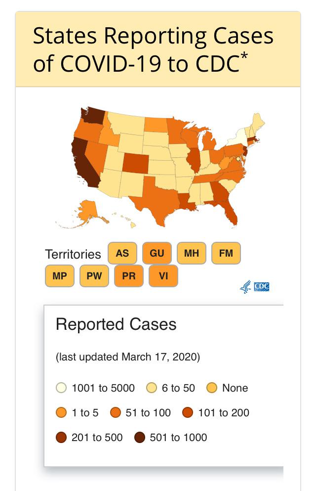 CDC’s representation of COVID19 cases in the U.S. Notice that the lightest color is actually