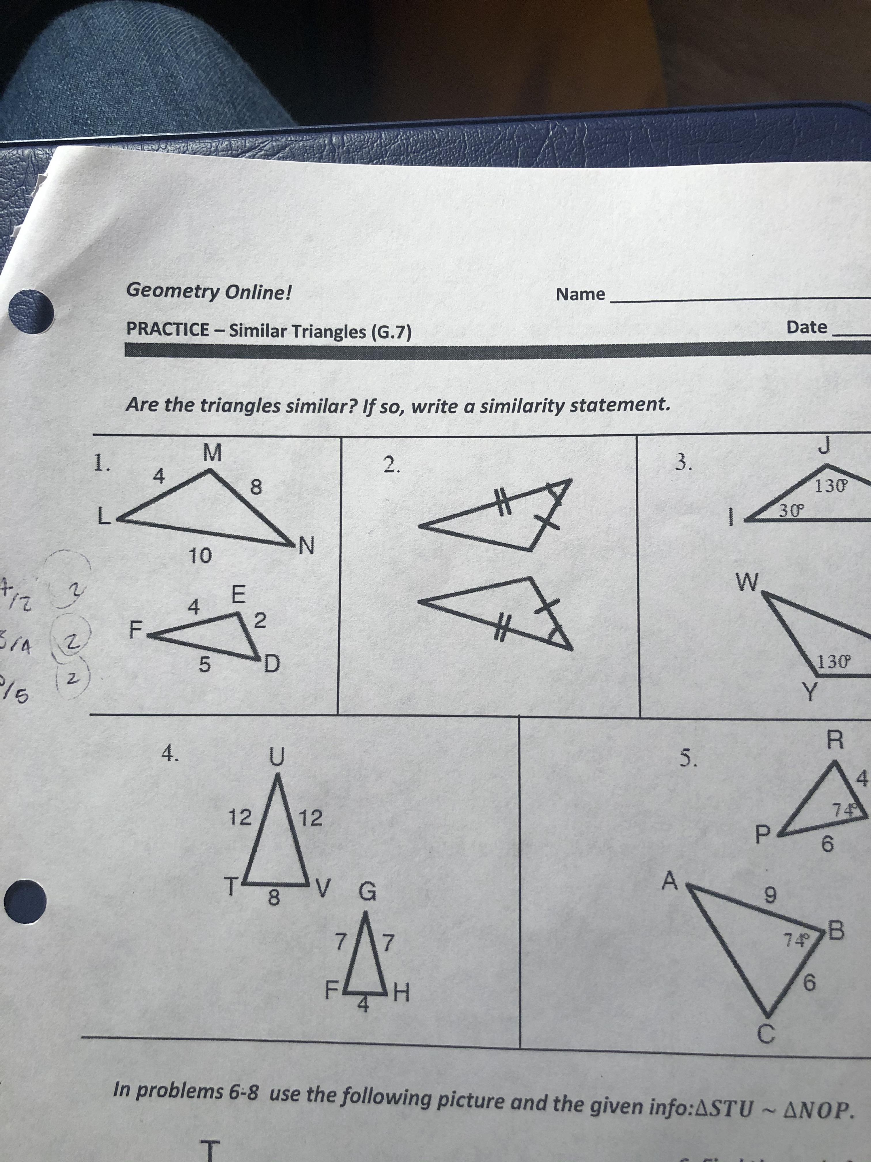 [grade 9 math- similar triangles] how do I write a similarity statement