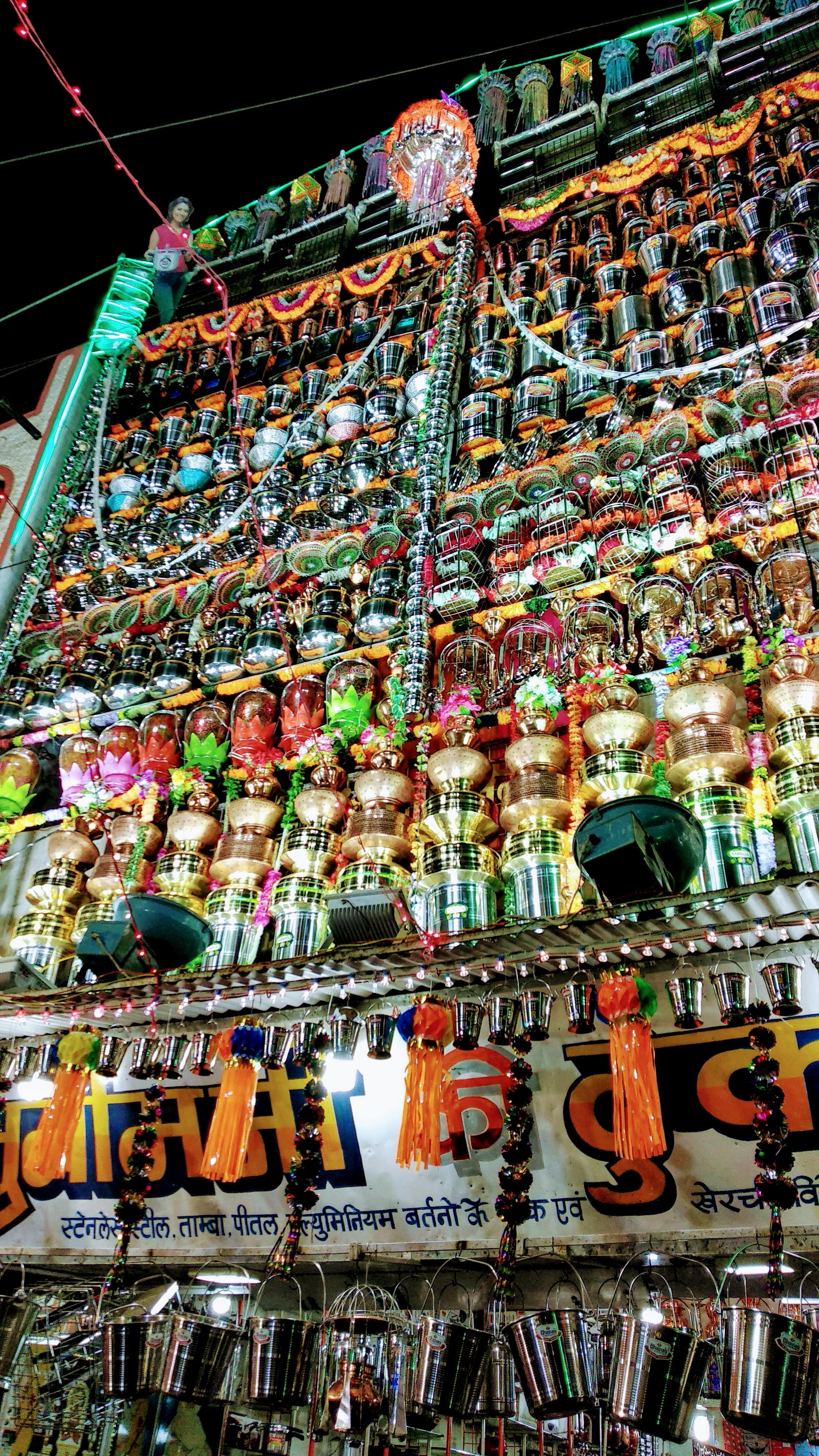 Shop decorated with steel utensils on Dhanteras (Bartan Bazar, Indore