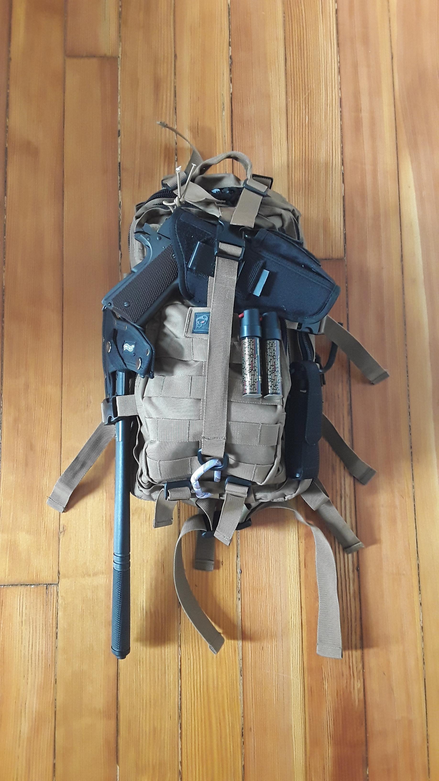 My urban bugout bag. Equipment includes water filters x3 (up to 1,000L