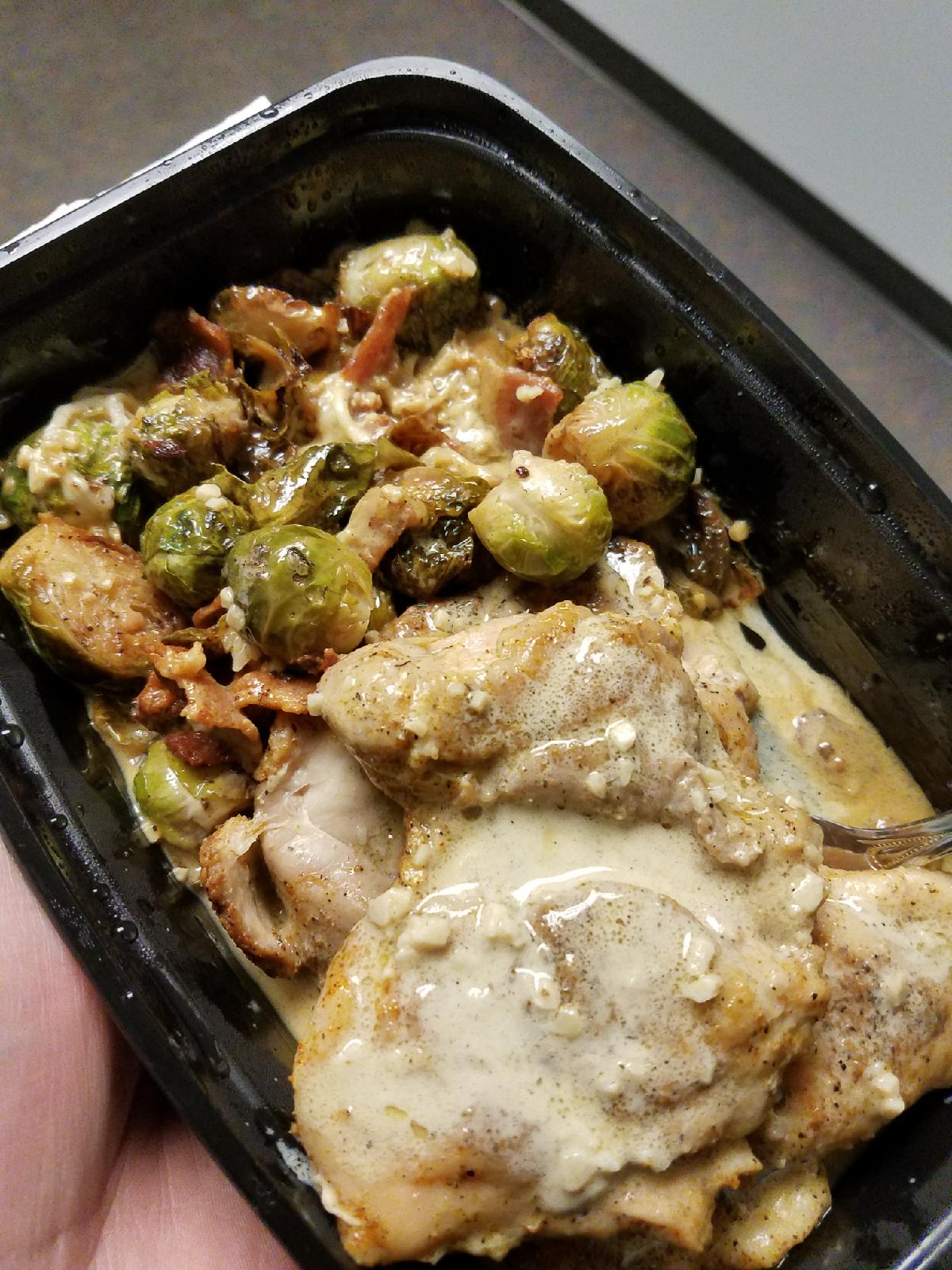 First post in ketorecipes. Chicken thighs in Dijon cream sauce and brussels sprouts with bacon