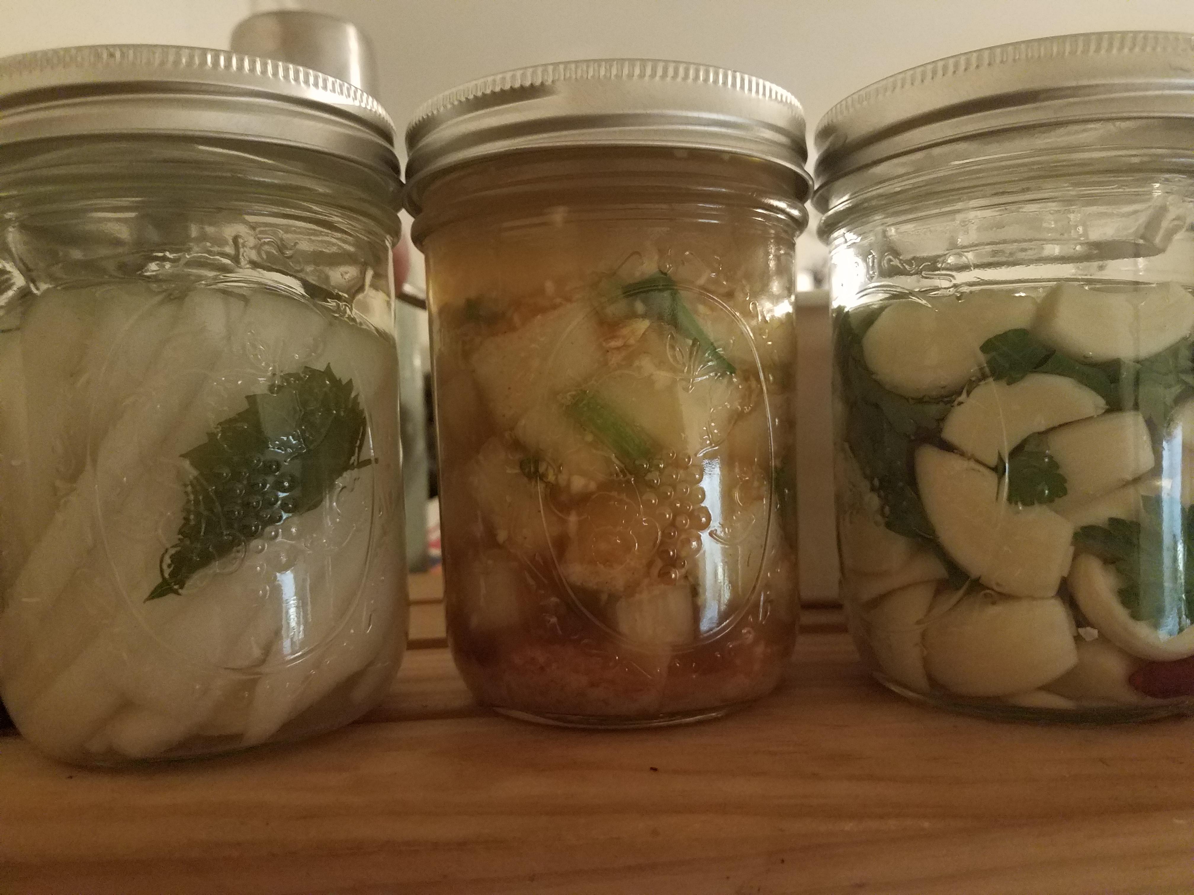Daikon garlic pickles, daikon kimchi & hot garlic w/ parsley set up to