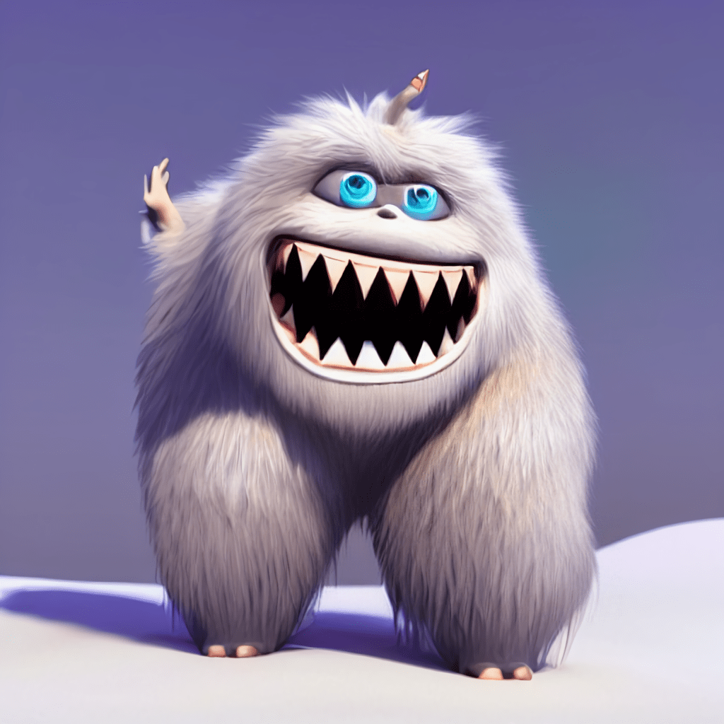 "A cute cartoon white yeti, Big toothy grin with very sharp shark teeth