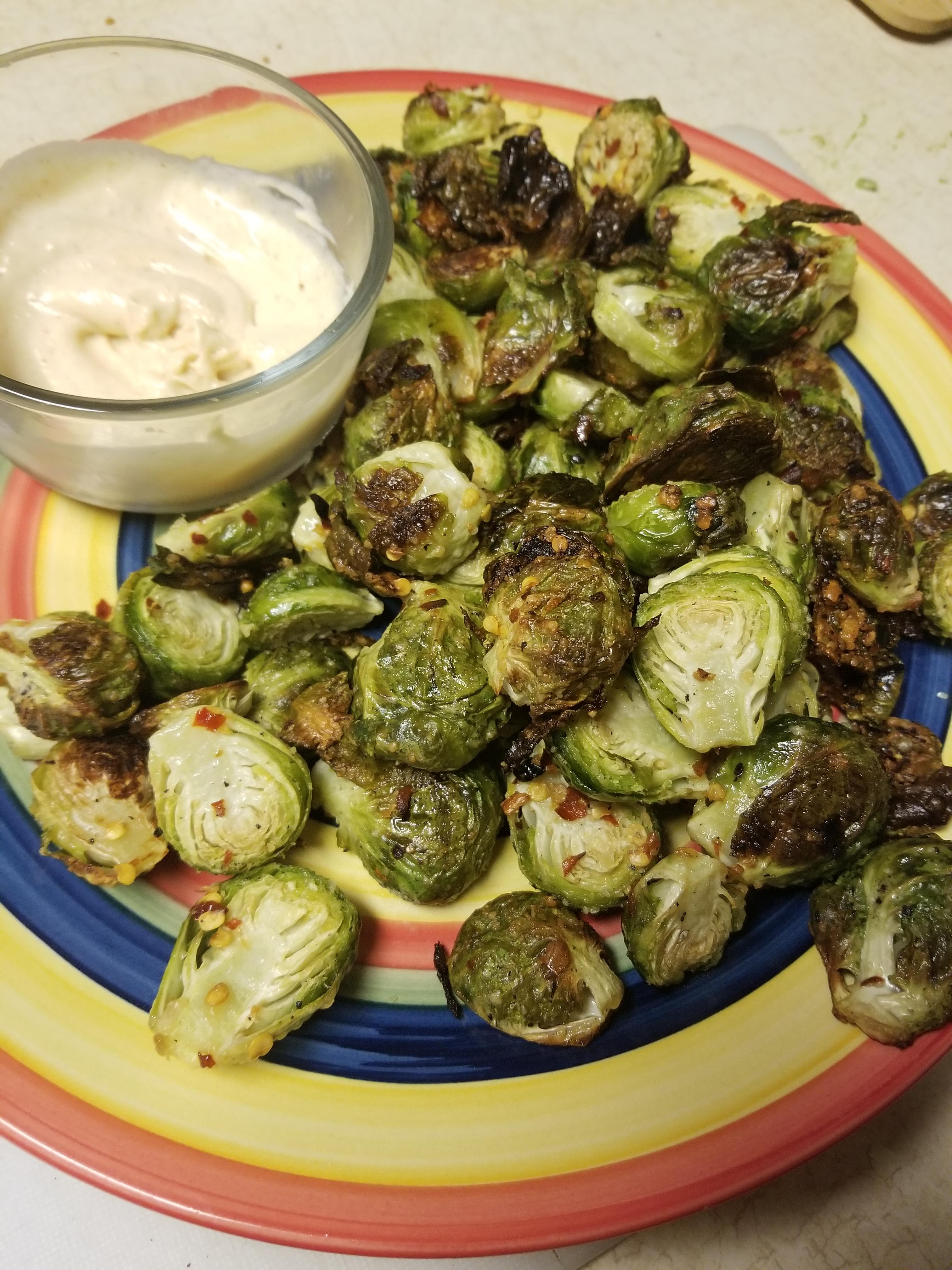Roasted Parmesan Brussel Sprout with Spicy Aioli dipping sauce r