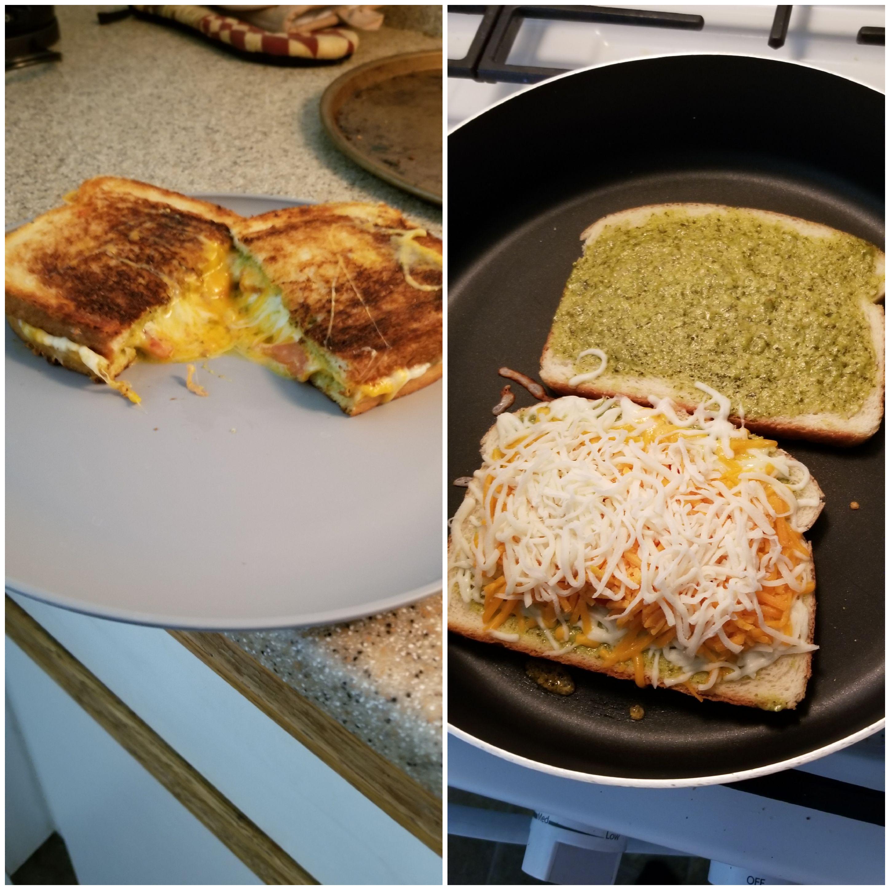 Pesto grilled cheese with mozzarella and cheddar and a hidden tomato