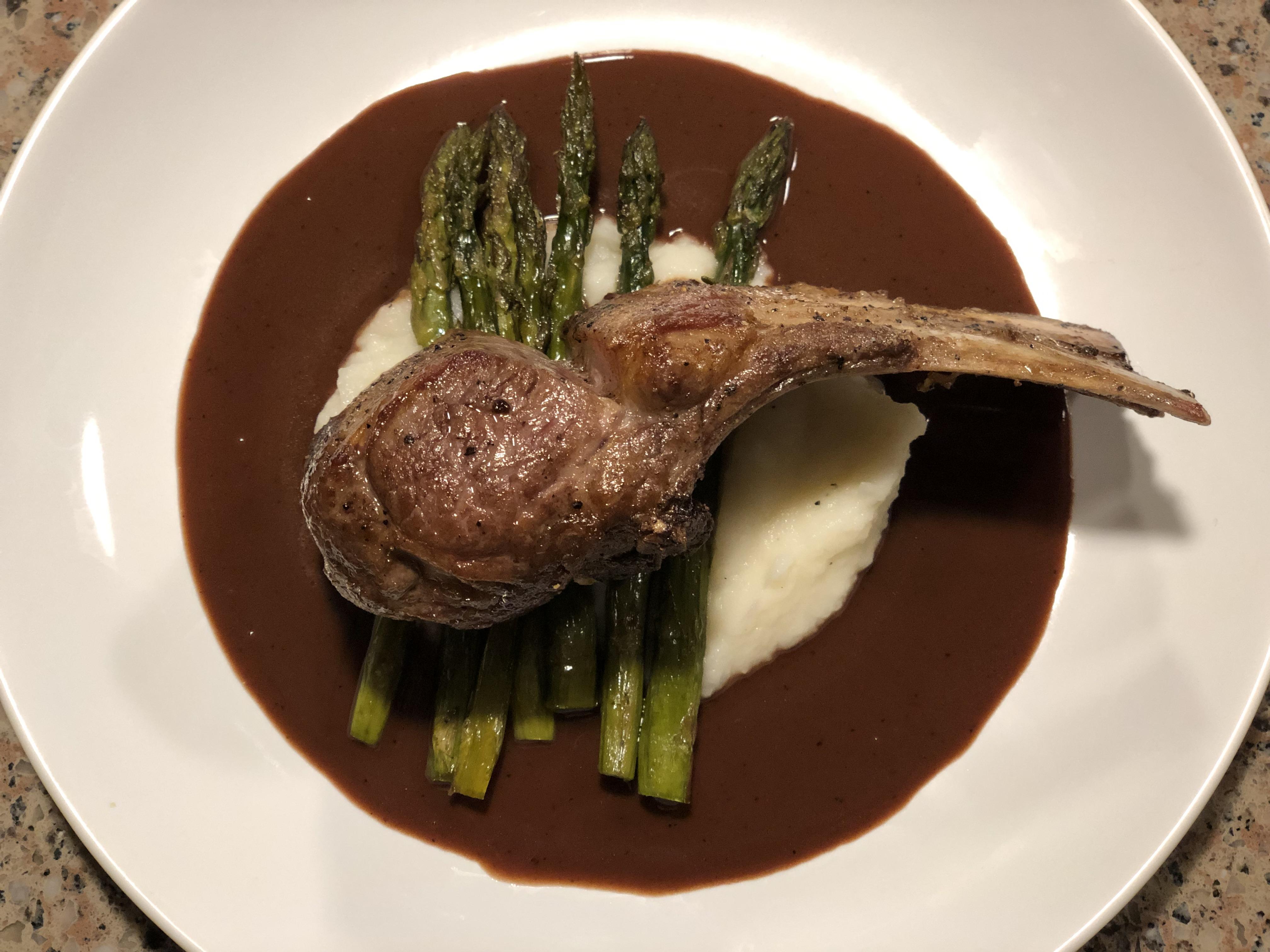 Rack of lamb. Roasted Asparagus. Whipped potatoes. Chocolate demi glace