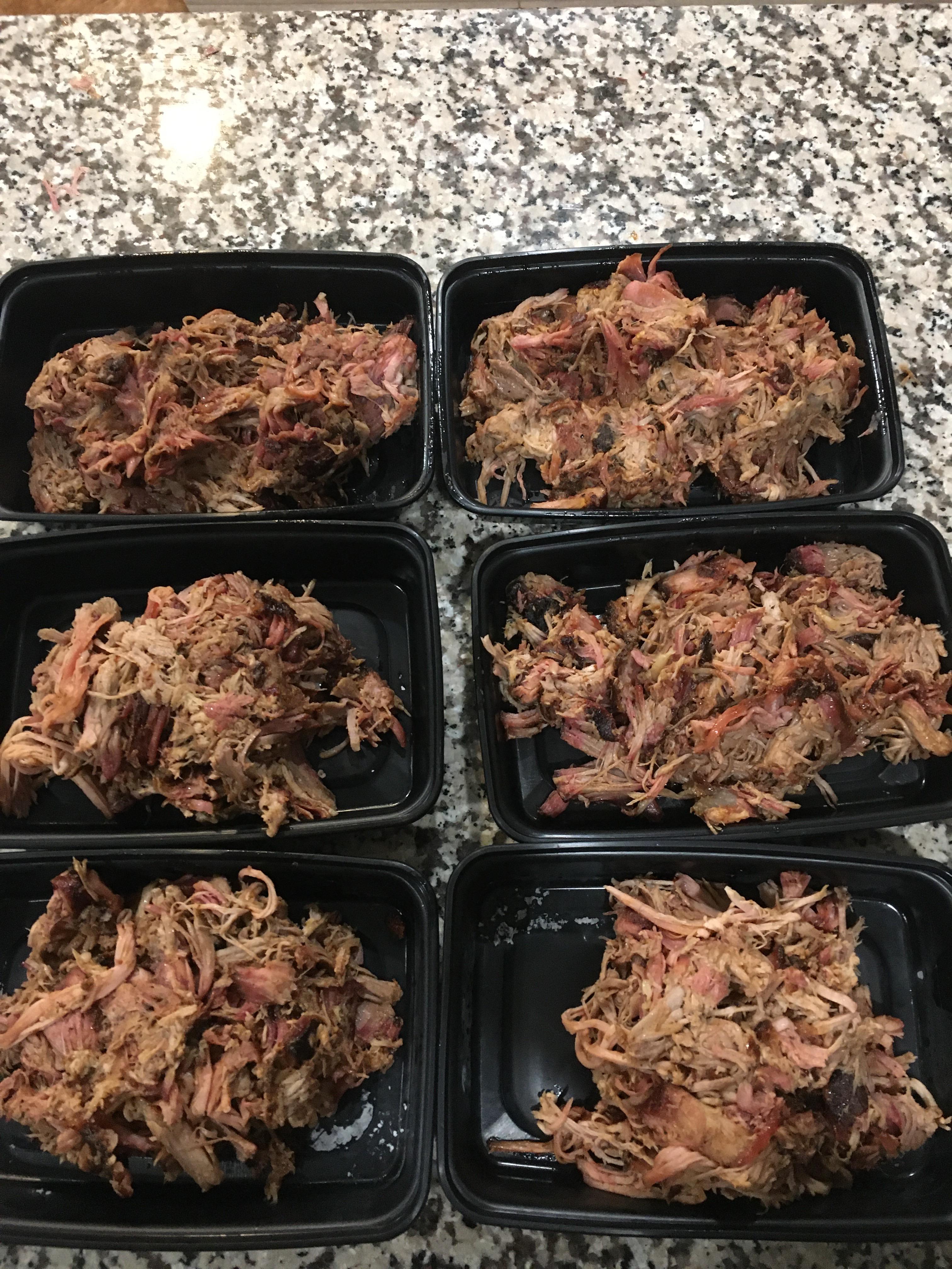 Meal prepped today. Over night pulled pork. Hickory pellets. NC Vinegar