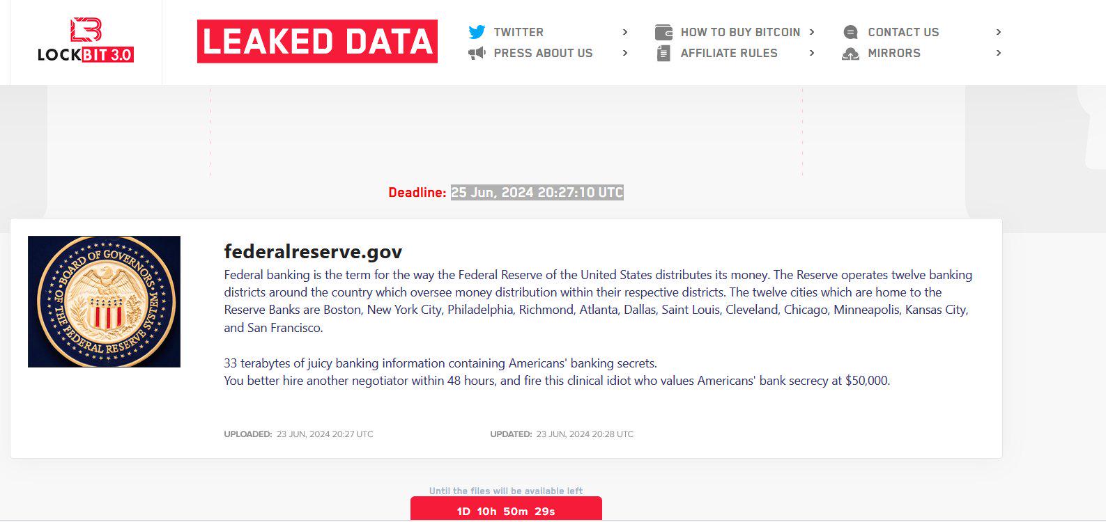 The Lockbit ransomware group added the Federal Reserve to the list of