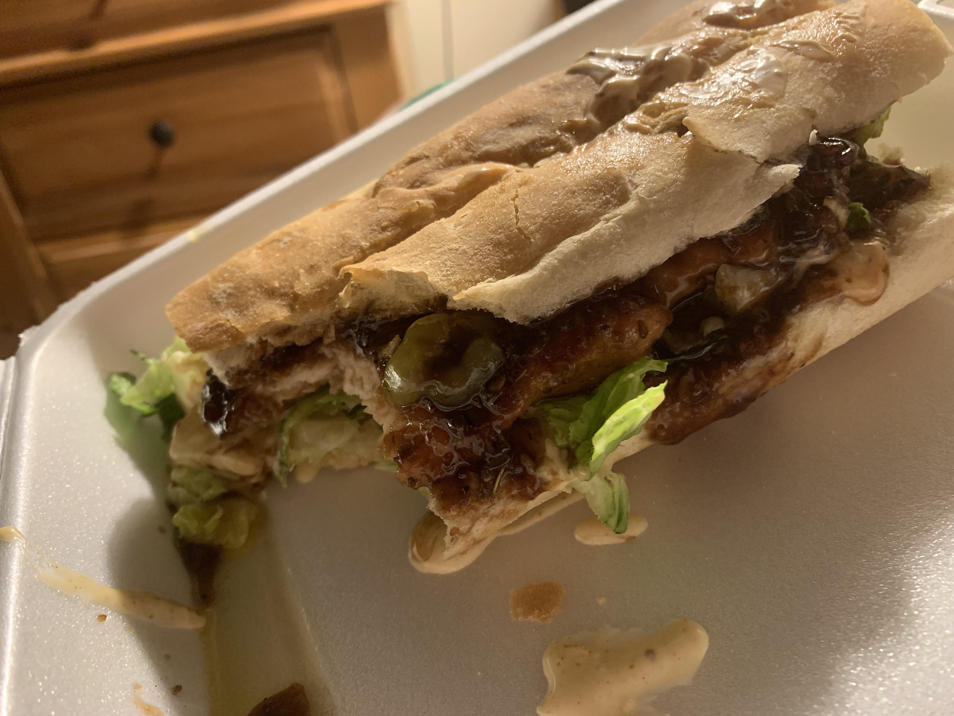 Roasted garlic, pepperoncicni, and red wine glazed chicken, with a