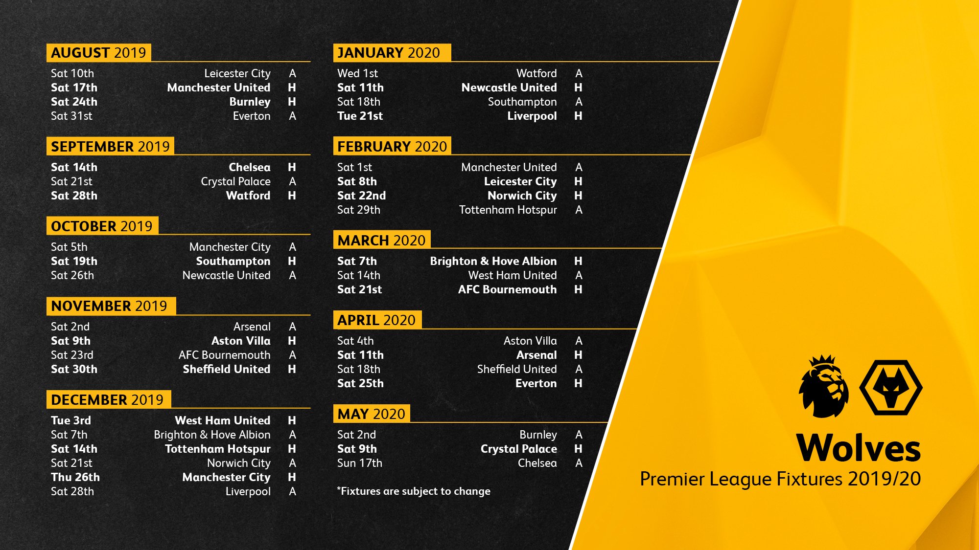 Wolves Fixture Announcement for 19/20 Season r/WWFC