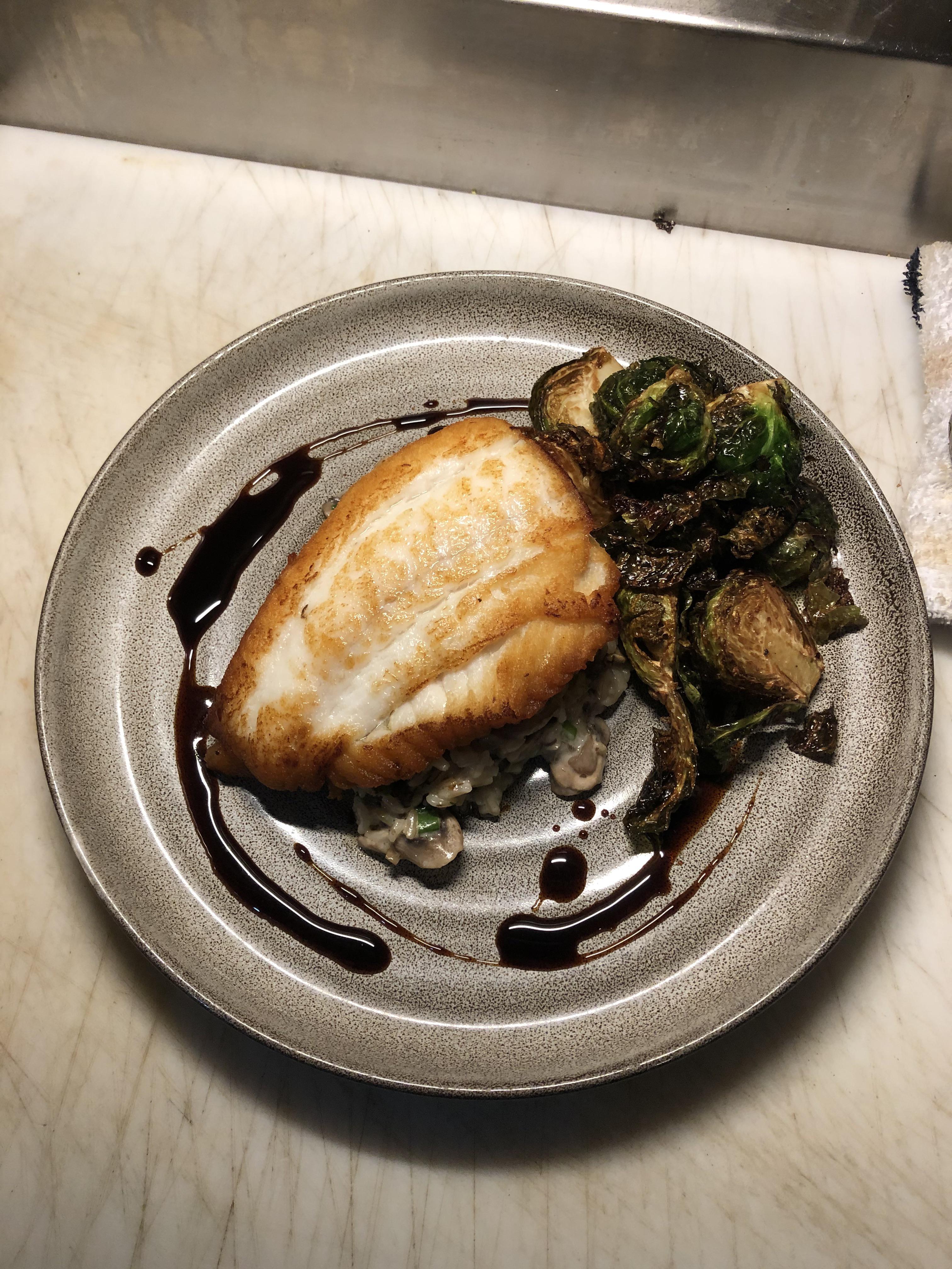 Swordfish over cous cous with eggplant and feta, apricot salsa verde, beet hummus, dukkah r