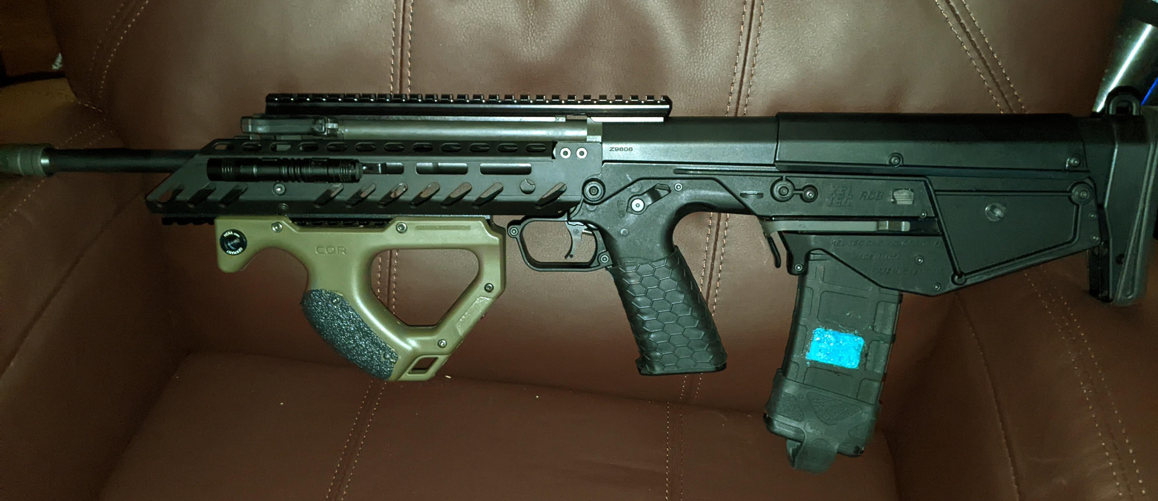 KelTec RDB with 20" barrel, Lucky Irishman Raptor rail upgrade, and