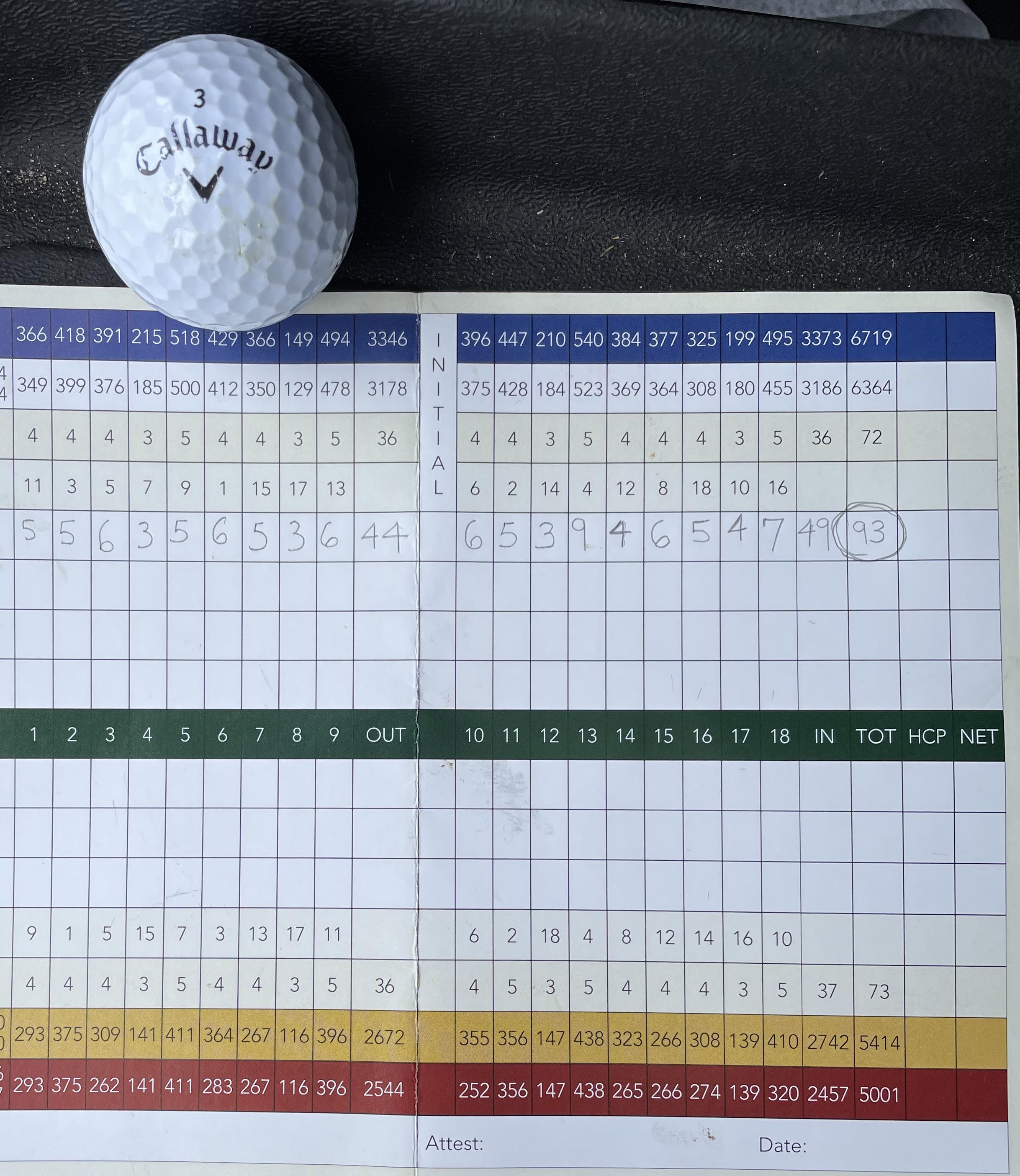 First time breaking 100 (93) and playing a round with one ball! Shot a