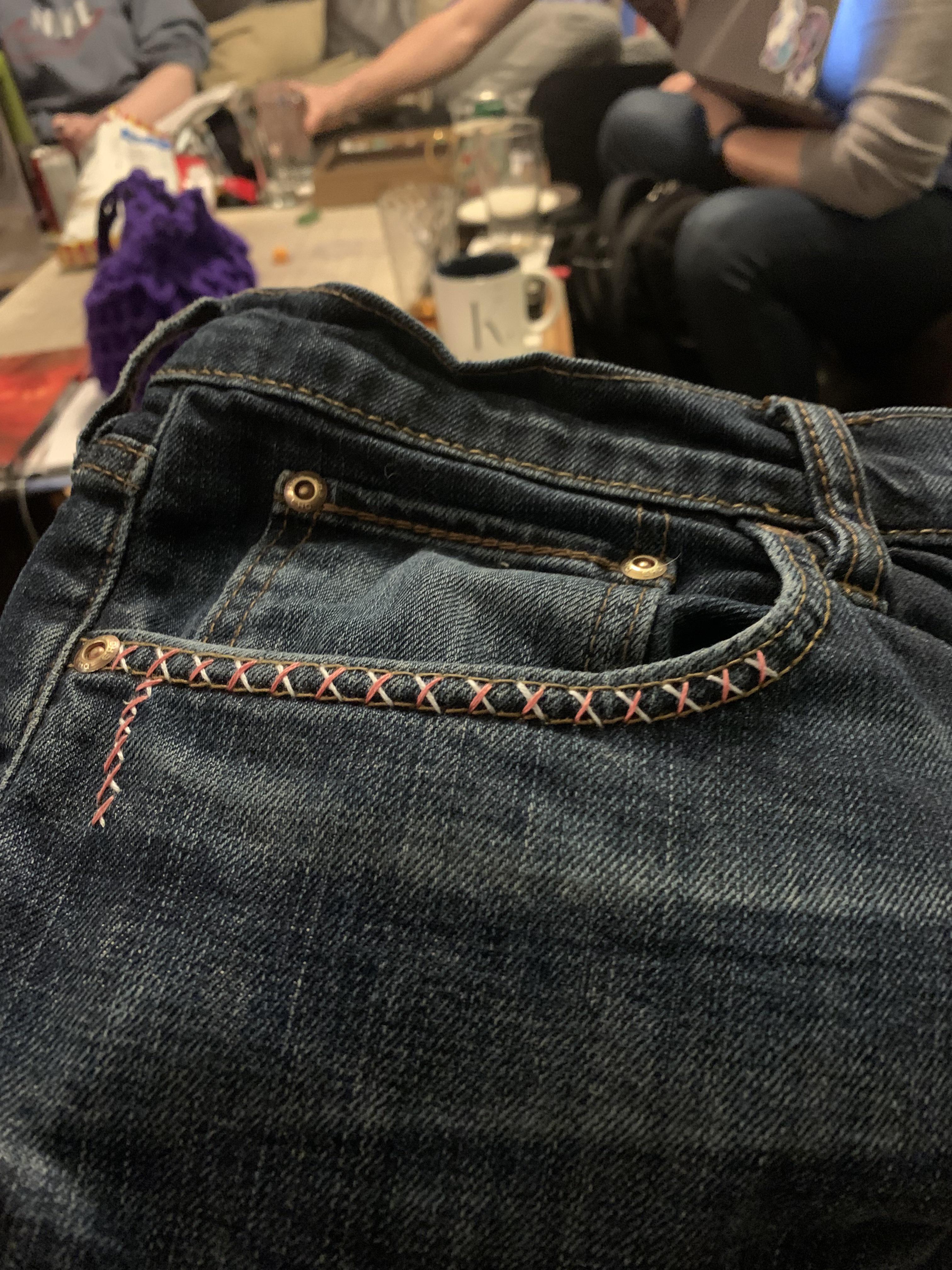 My brother ripped the pocket out of his jeans. This is some of my tidiest work. r/Visiblemending
