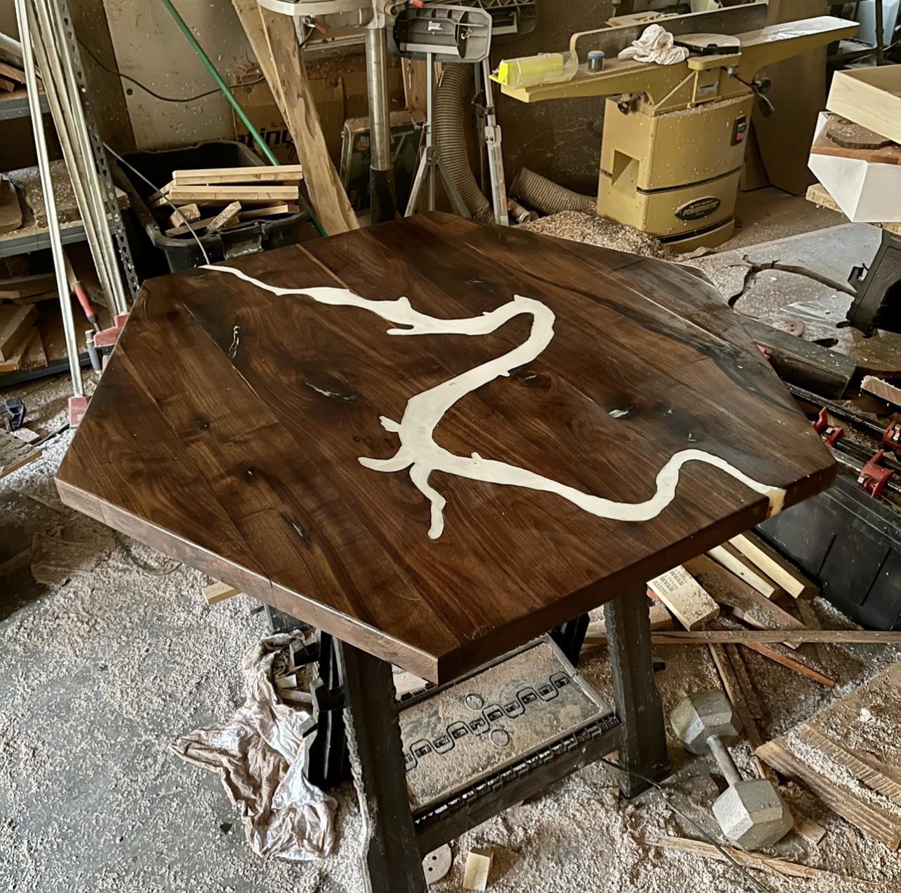 Black walnut poker table with Cheat Lake, WV in a pearl white resin