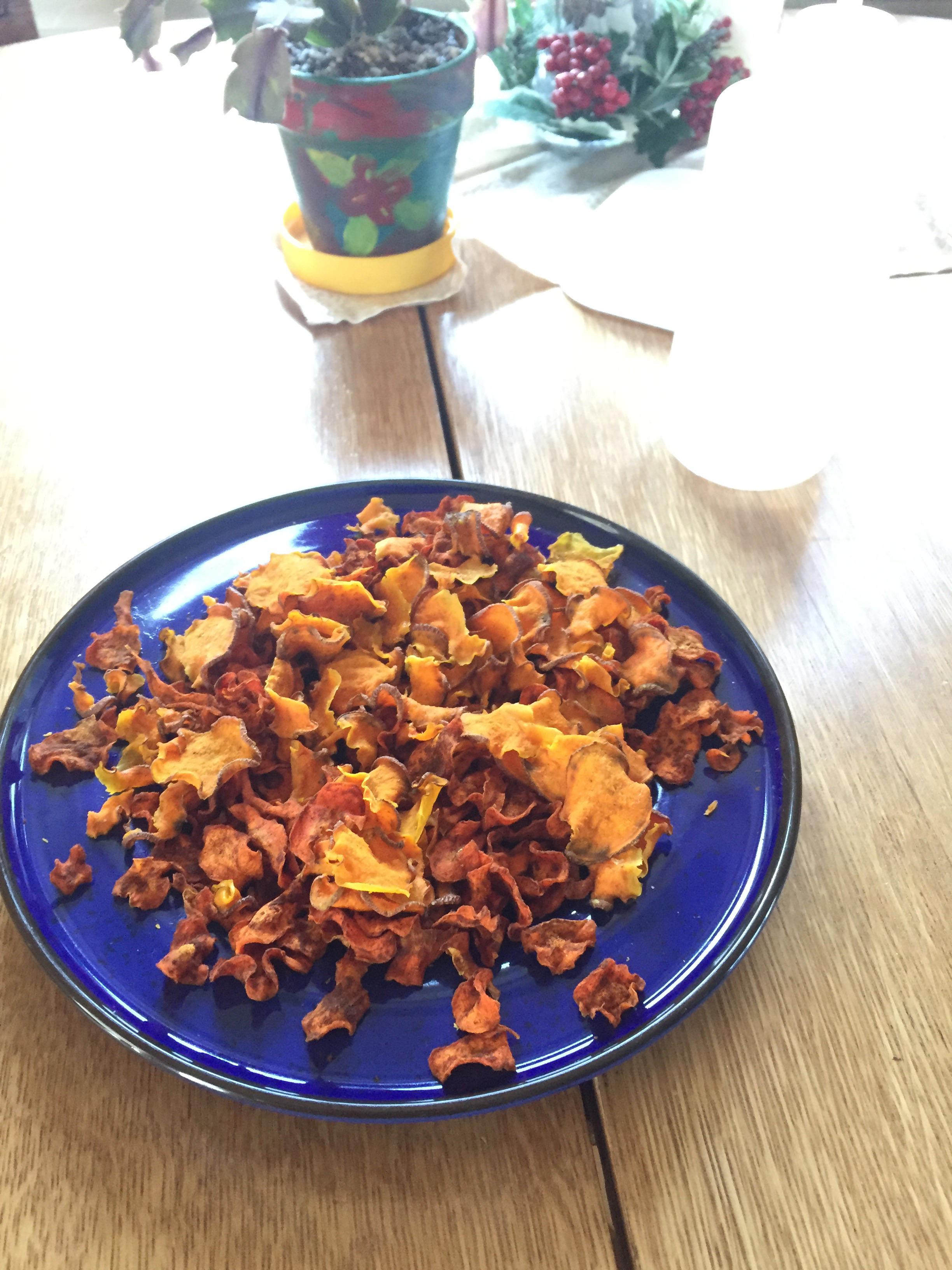Dehydrator seasoned carrot chips and sweet potato chips. So yummy. Very