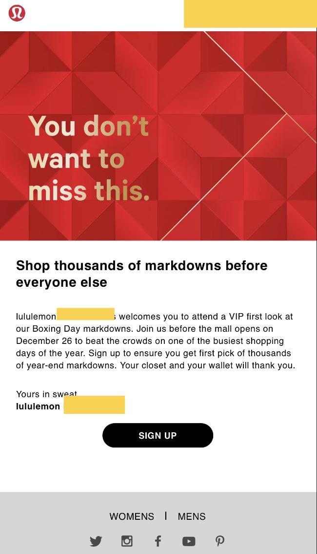 local lululemon stores to offer firsthand looks on Boxing Day discounts before anyone else! r