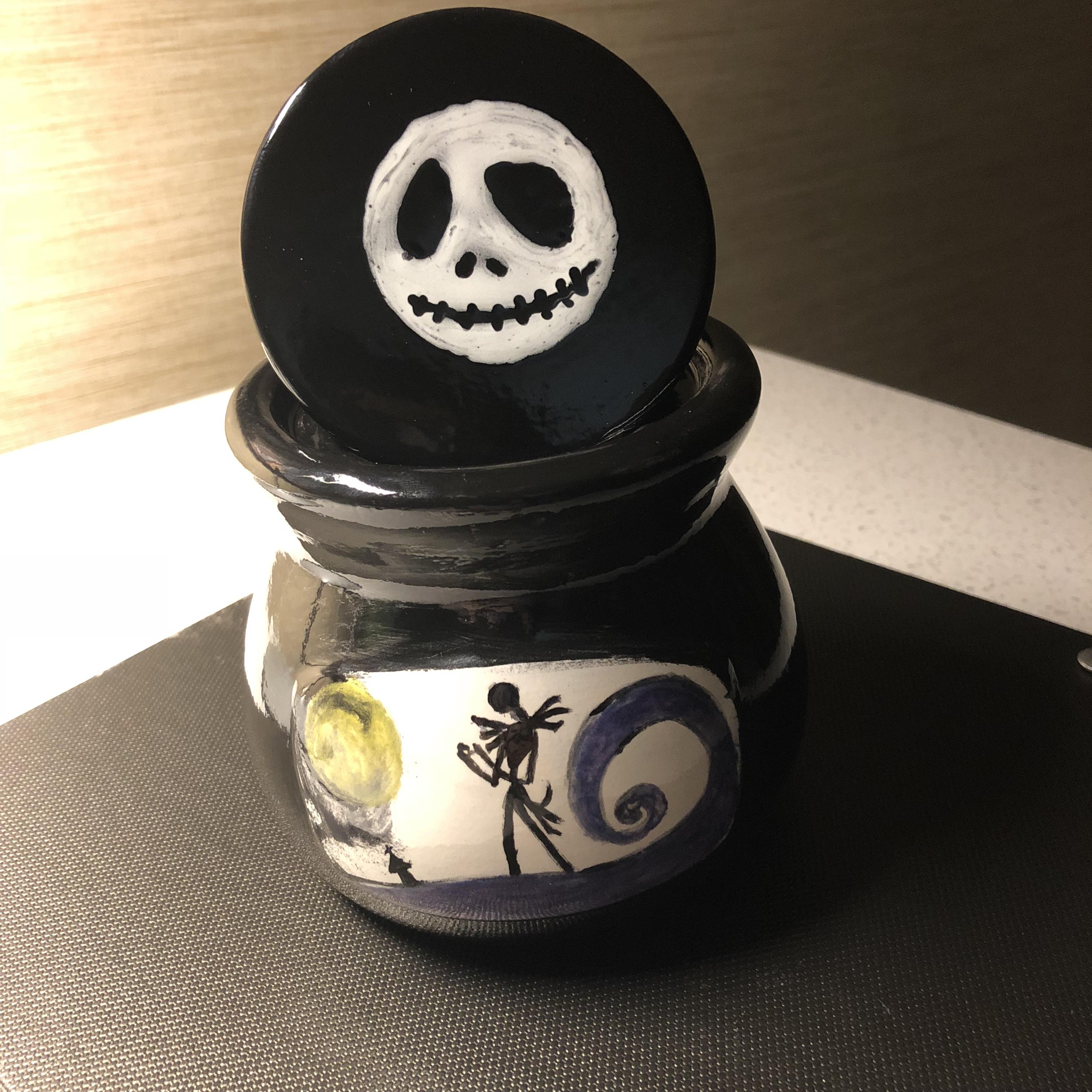 My tribute to The Nightmare Before Christmas...ceramic jar at pottery