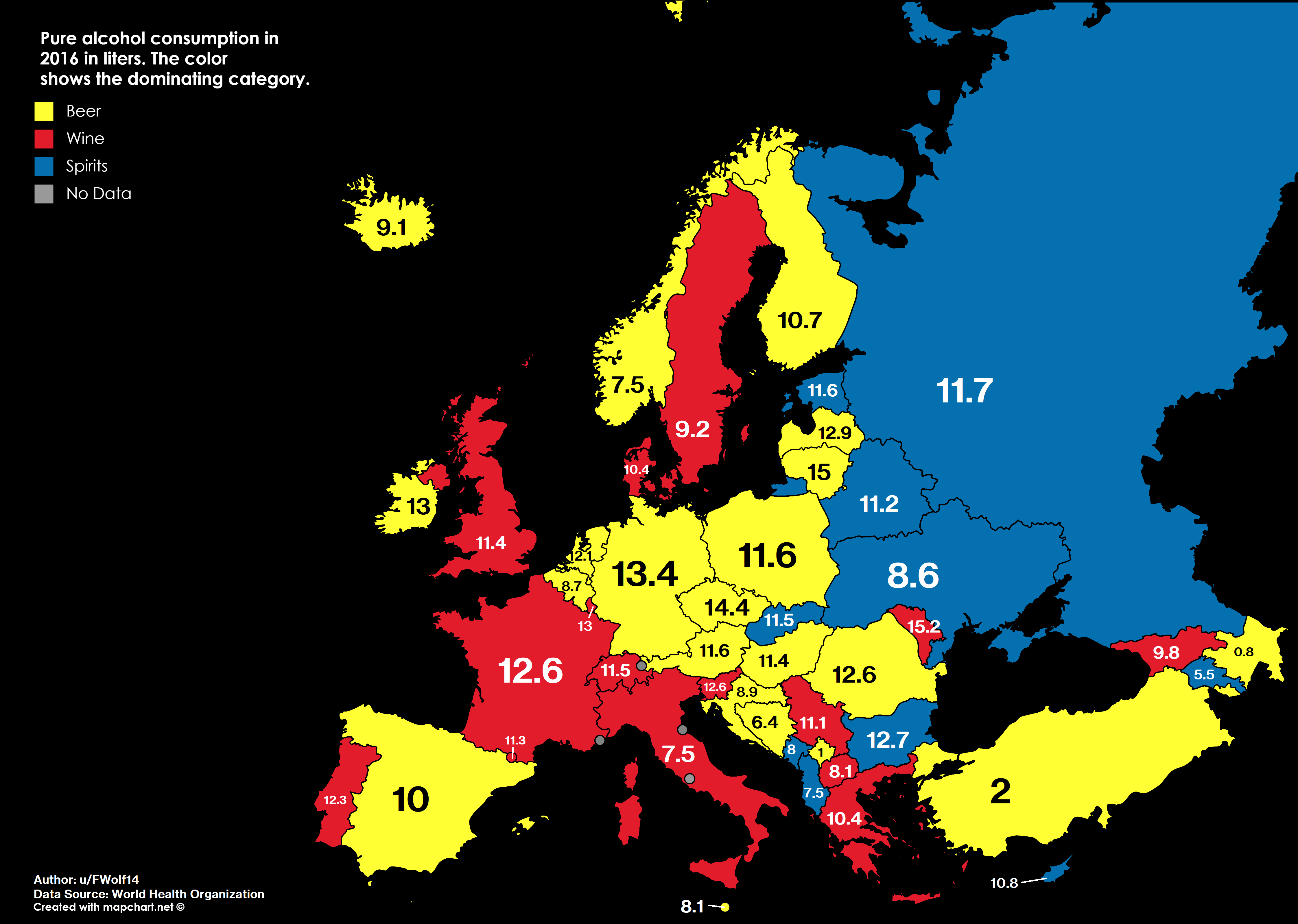 Pure Alcohol Consumption by Amount in Liters and Dominating Category