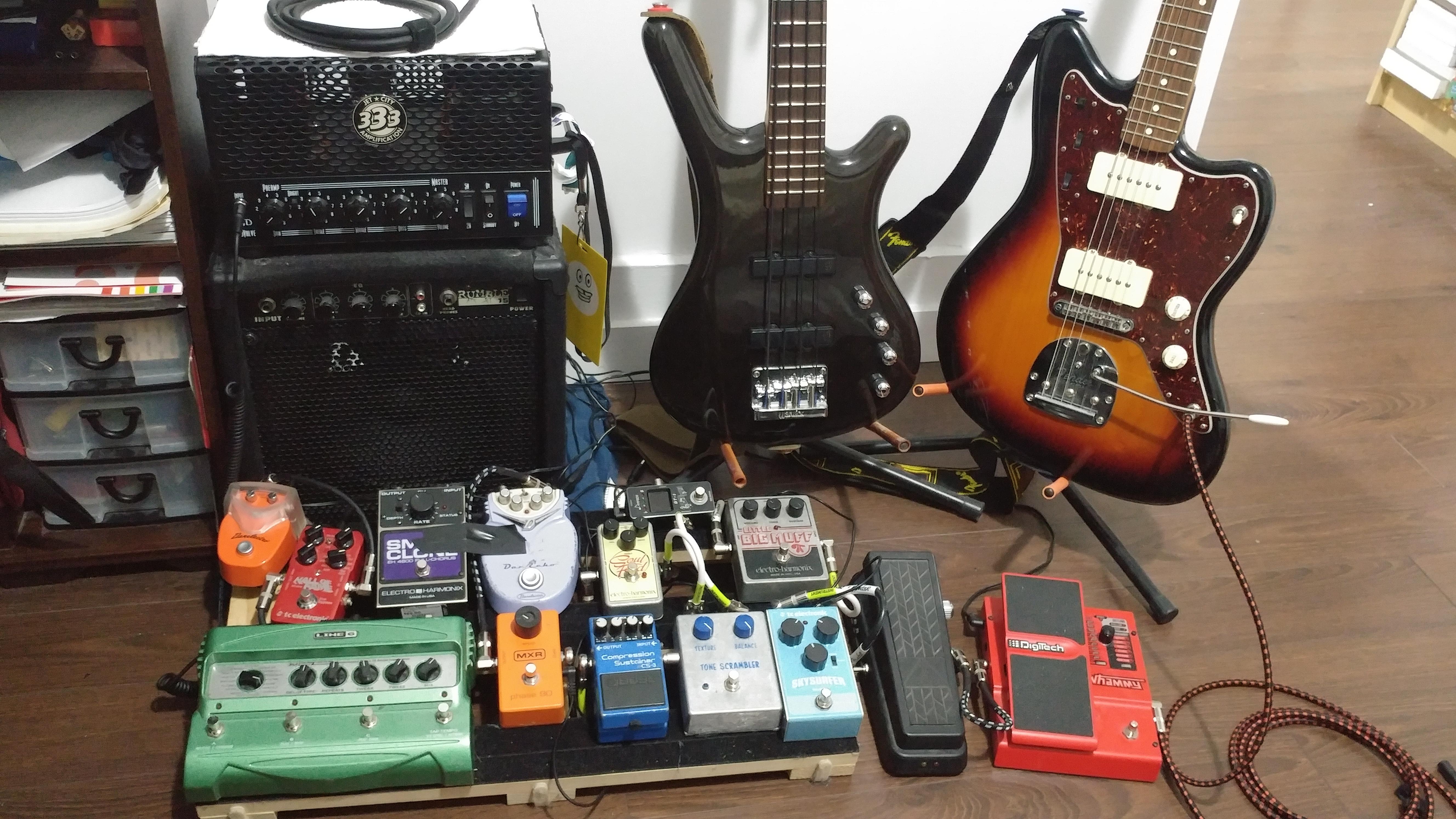 My current bedroom rig for guitar/bass/bassvi r/guitarpedals