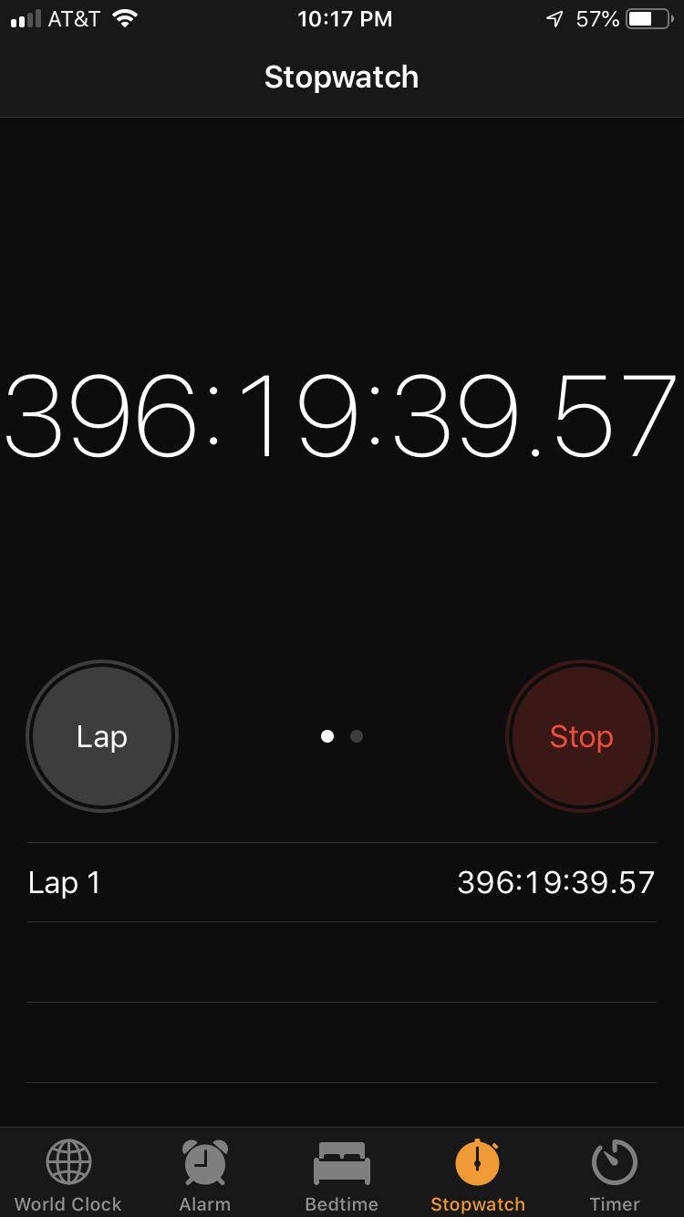 Just noticed my stopwatch on my phone has been going for over 16 days