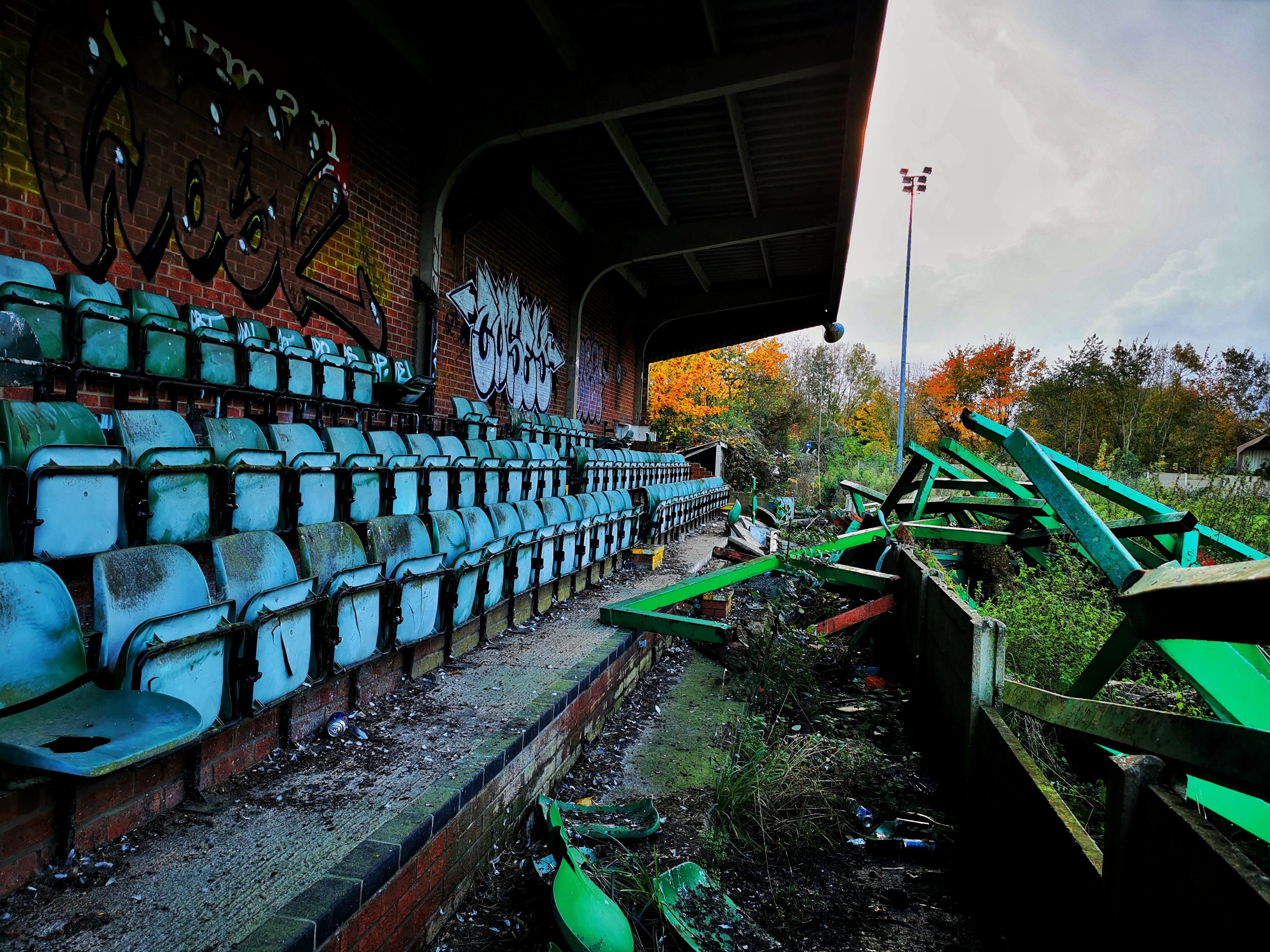 Silent stands at a long abandoned football ground, Buckinghamshire, UK