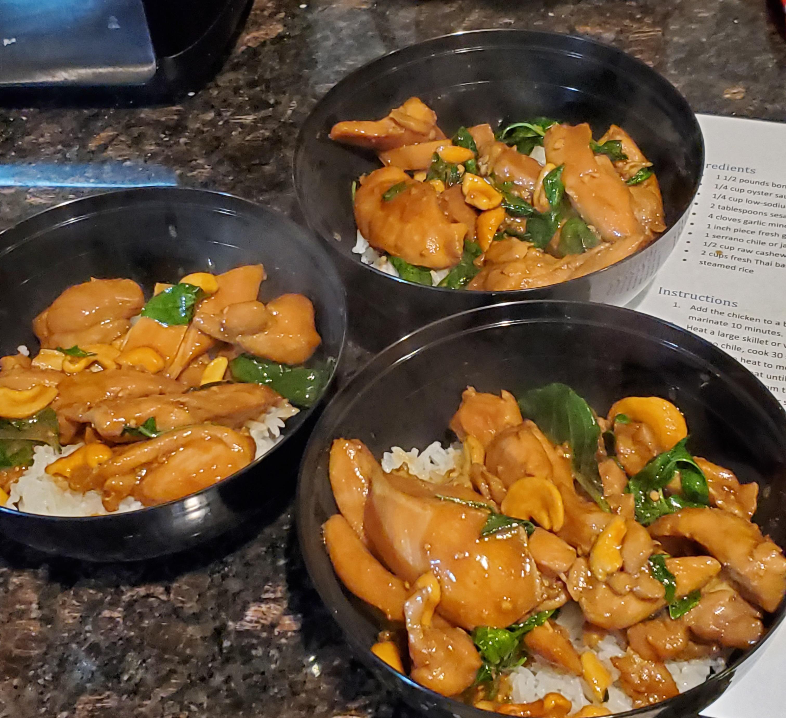 Homemade Thai Basil Cashew Chicken on Rice with basil and jalapeno from