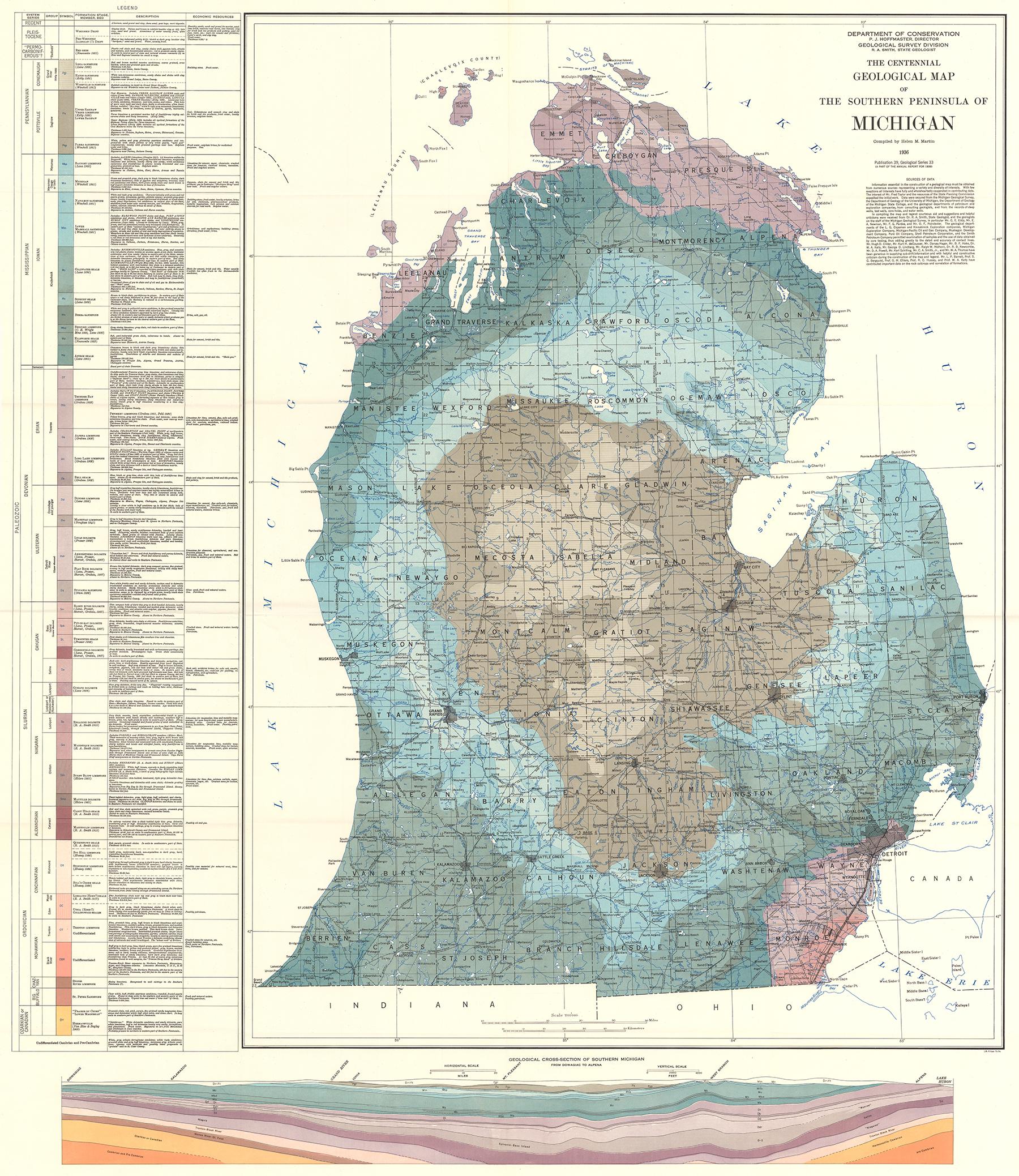 Geological Map of the Southern Peninsula of Michigan. By Helen M