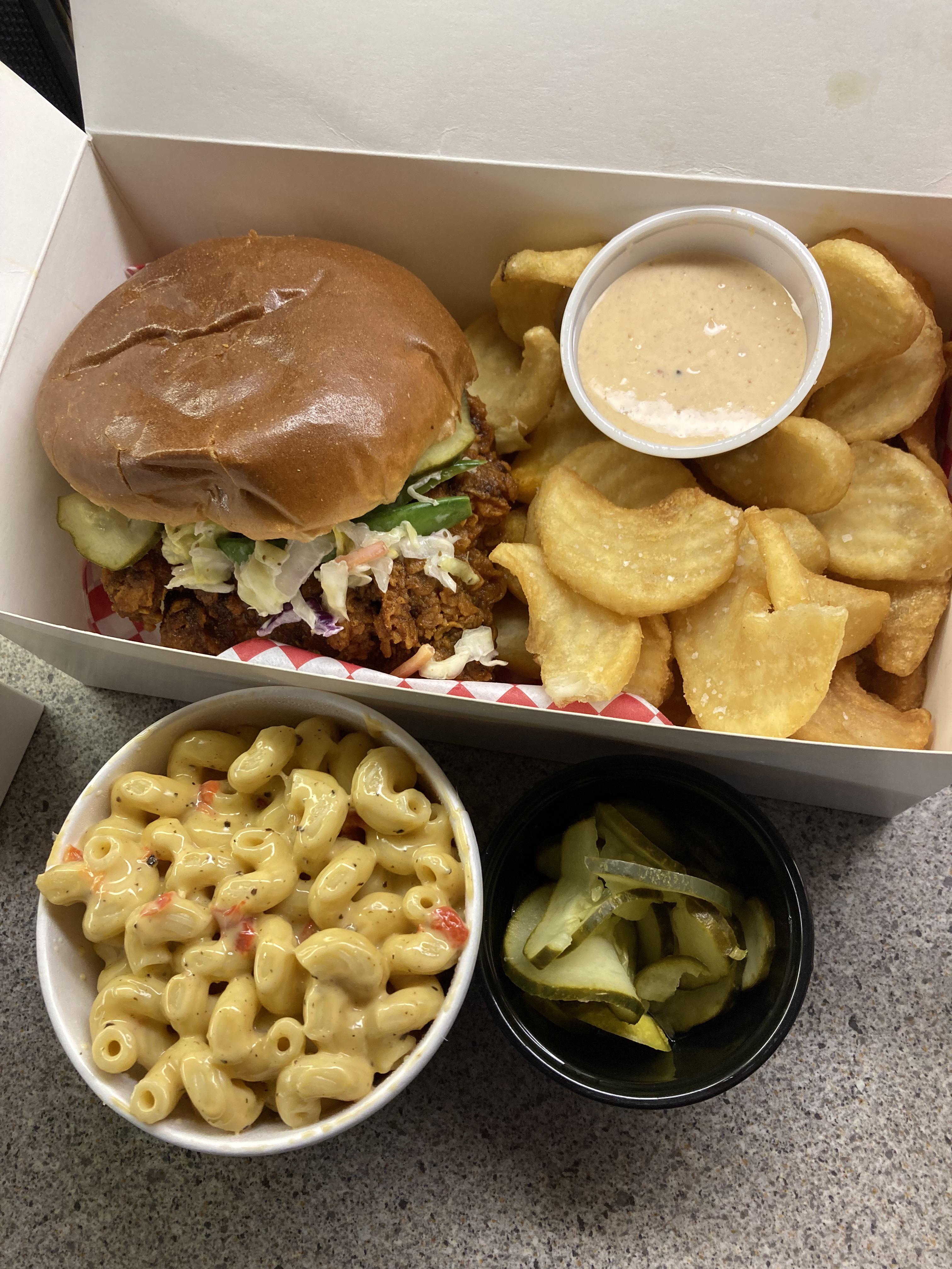 Nashville hot chicken sandwich, Mac and cheese, extra pickles, and