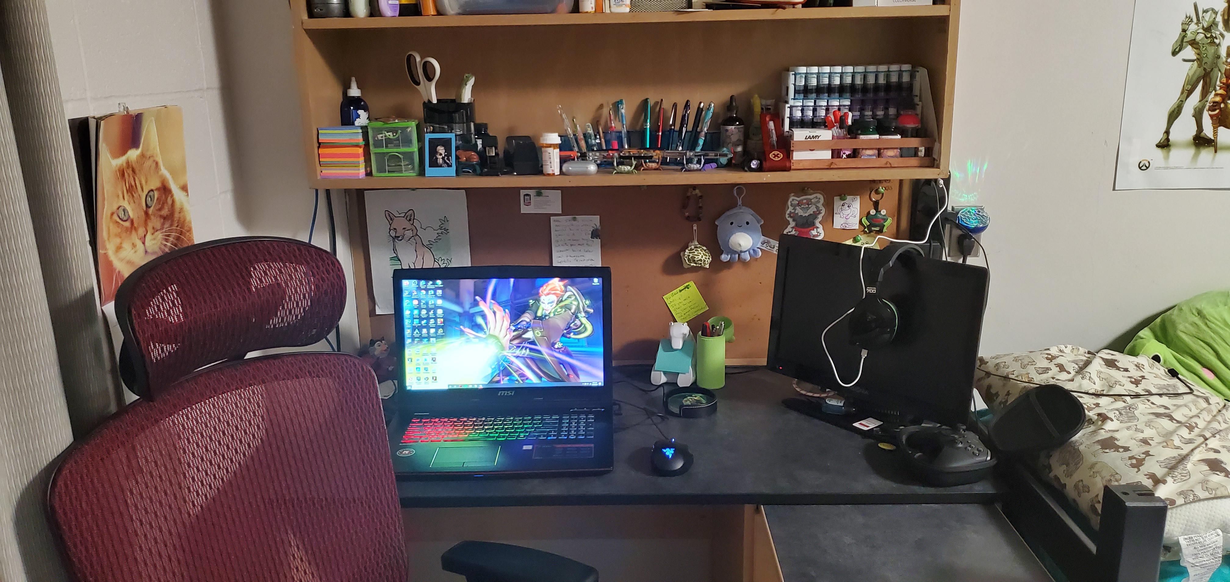 My temporary college dorm setup. I do like the overhead shelves for pen and ink storage. r