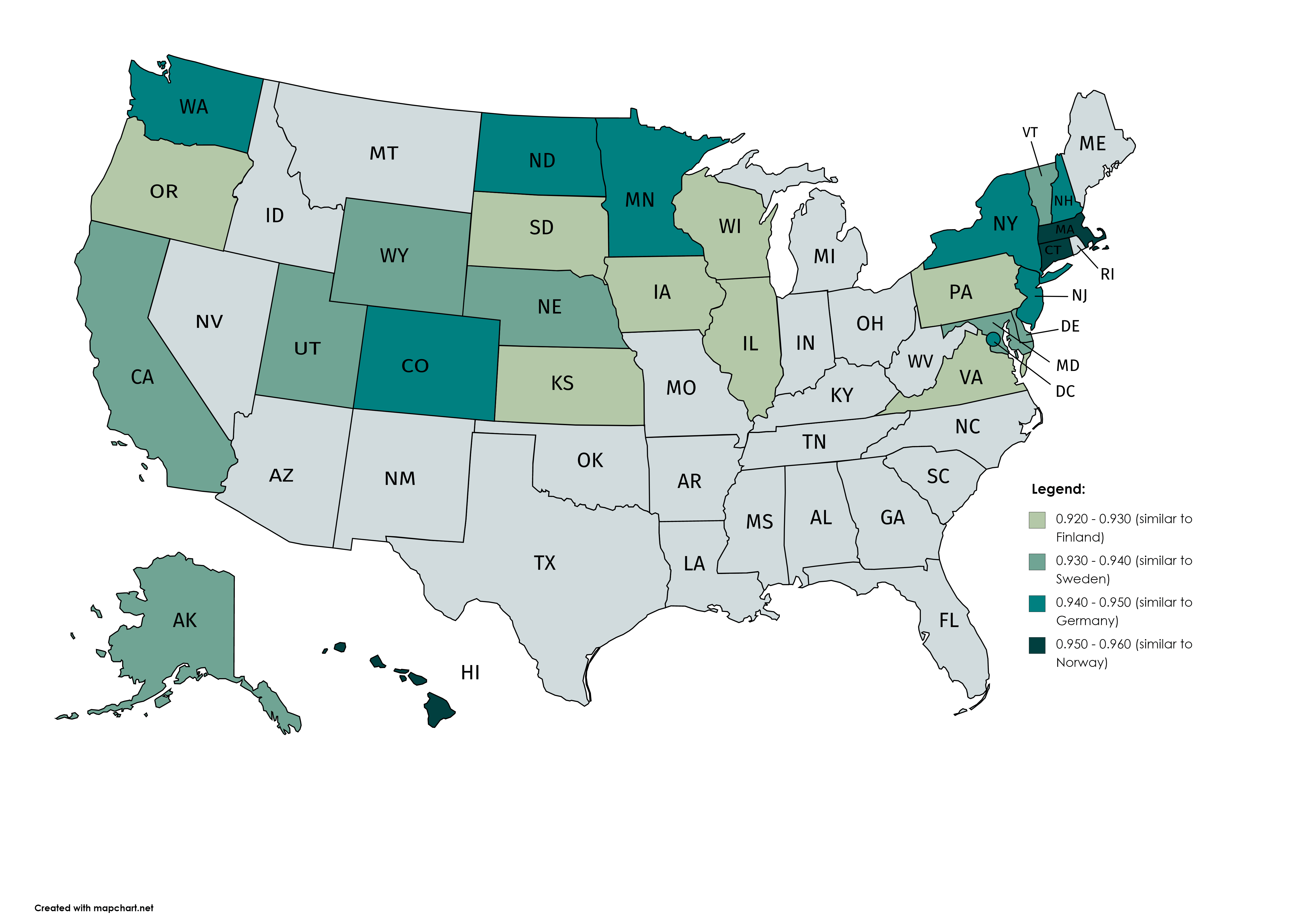 US States with a higher than average HDI, and comparable countries