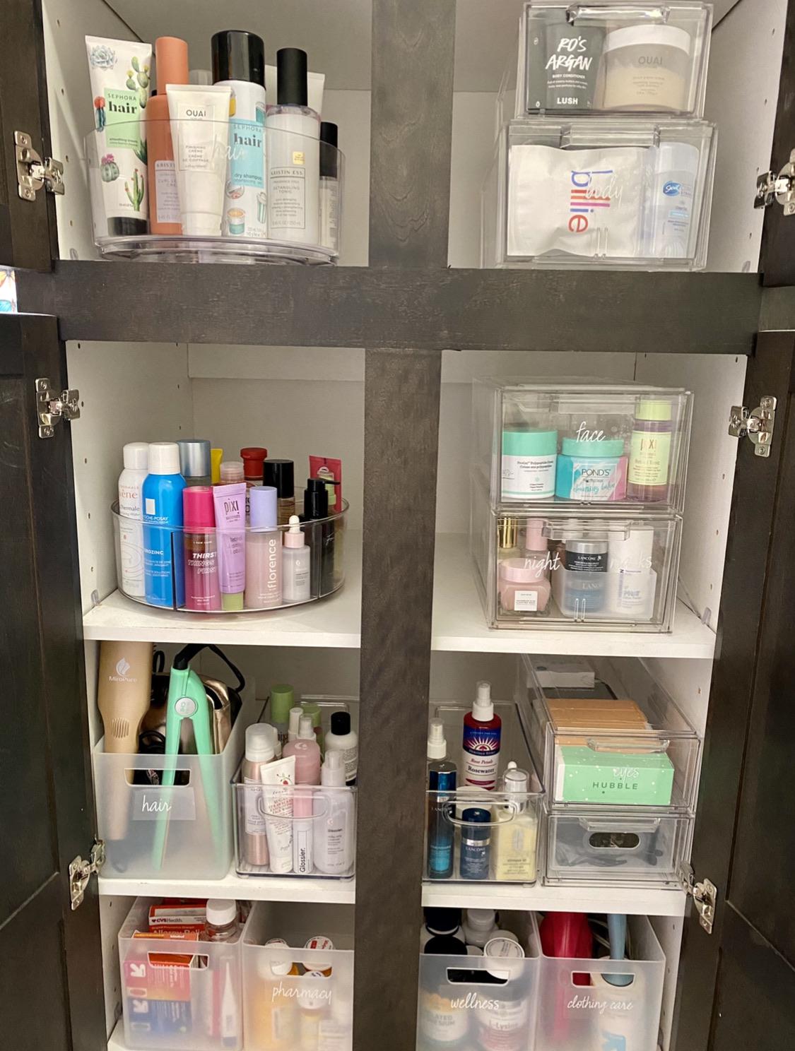 Bathroom Closet organization with Container store shoe drawers