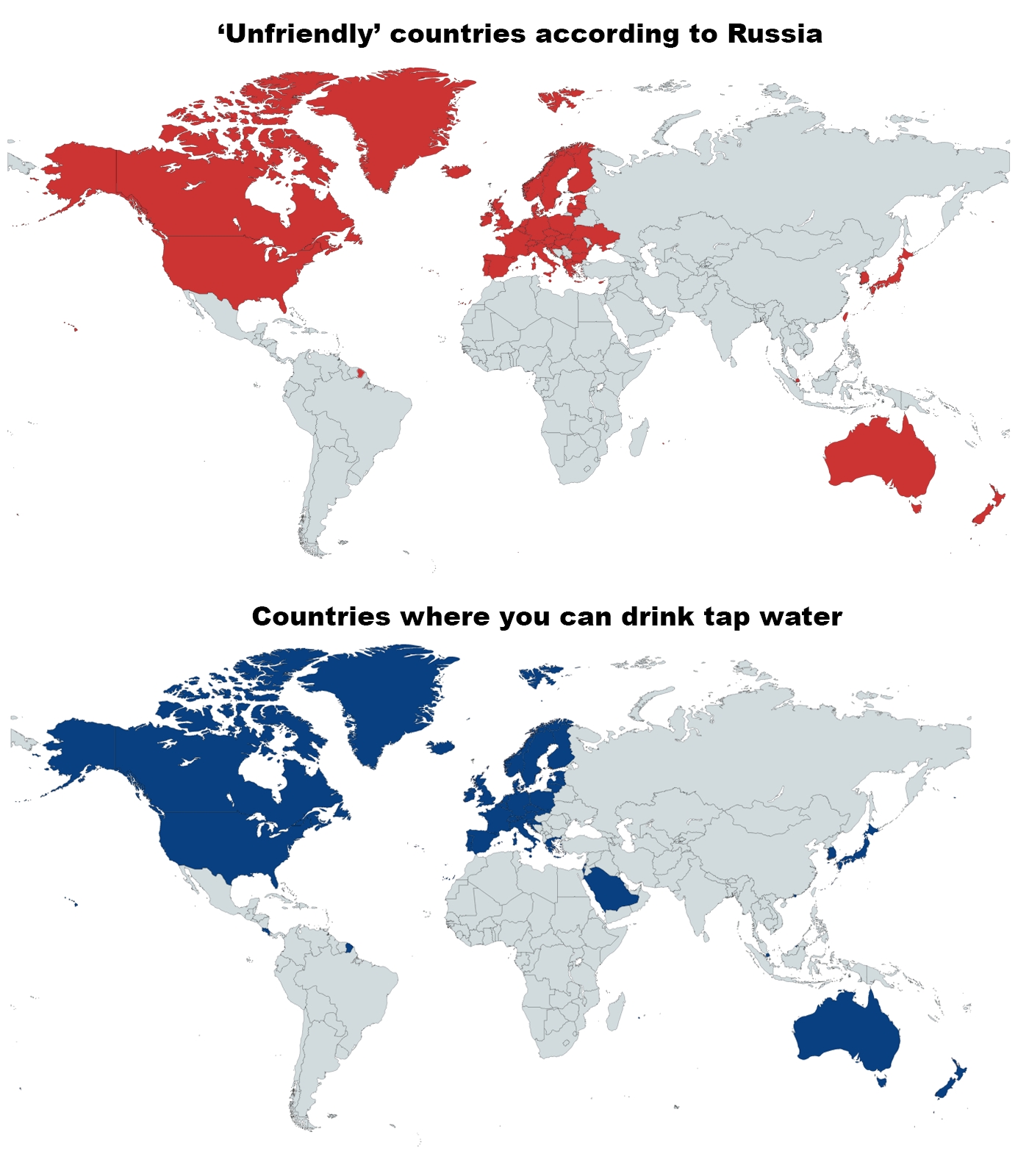 Unfriendly countries according to Russia vs Countries where you can drink tap water MapPorn