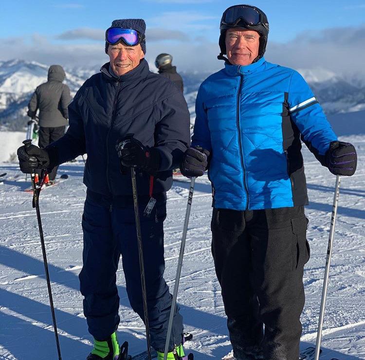 Arnold Schwarzenegger and Clint Eastwood Skiing together to form the