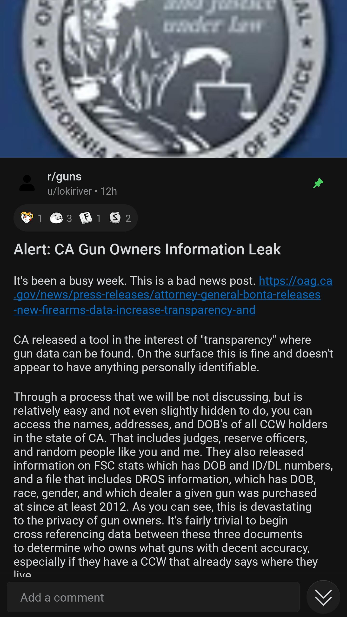 PSA CA Gun owners doxxed information leaked tacticalgear