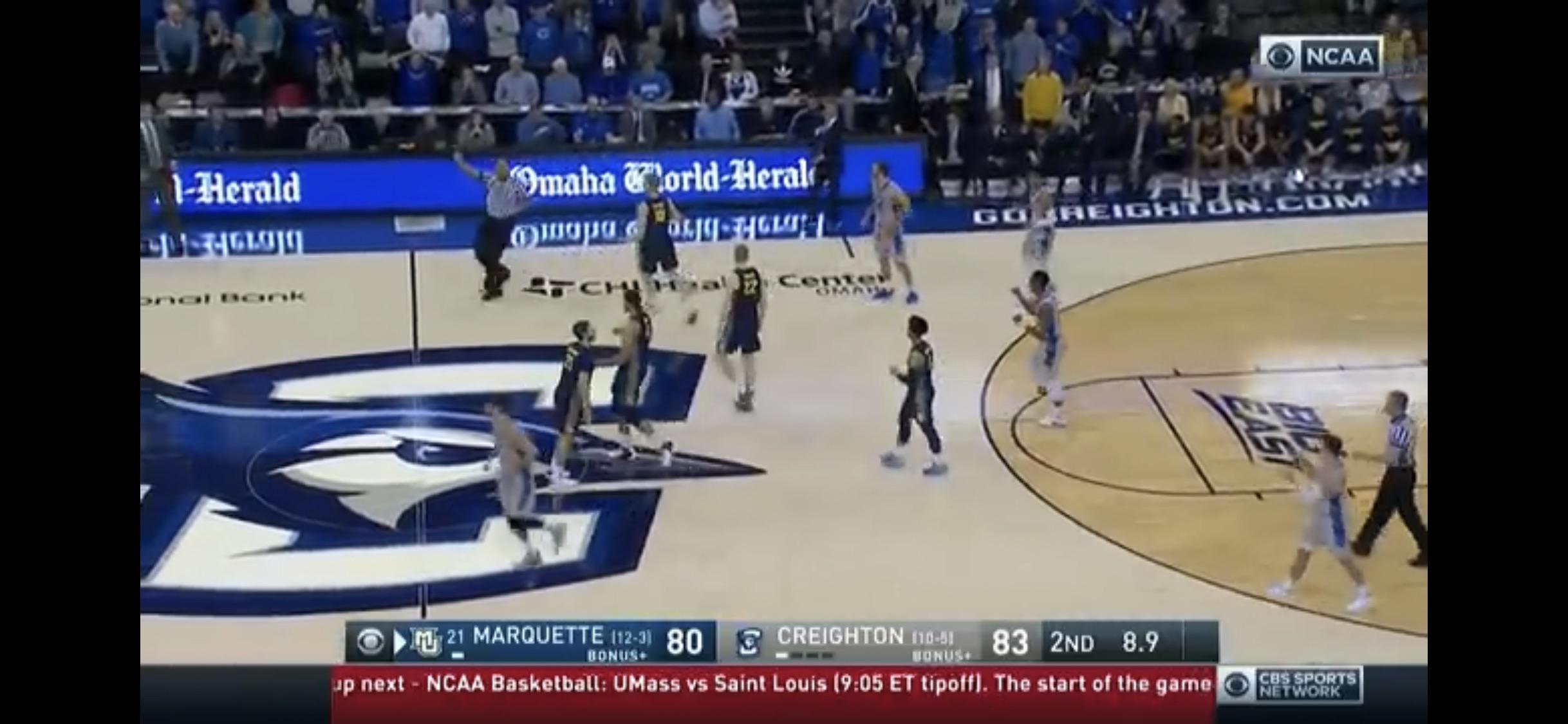 Marquette fouls down 3, Creighton in the double bonus. Marquette to win