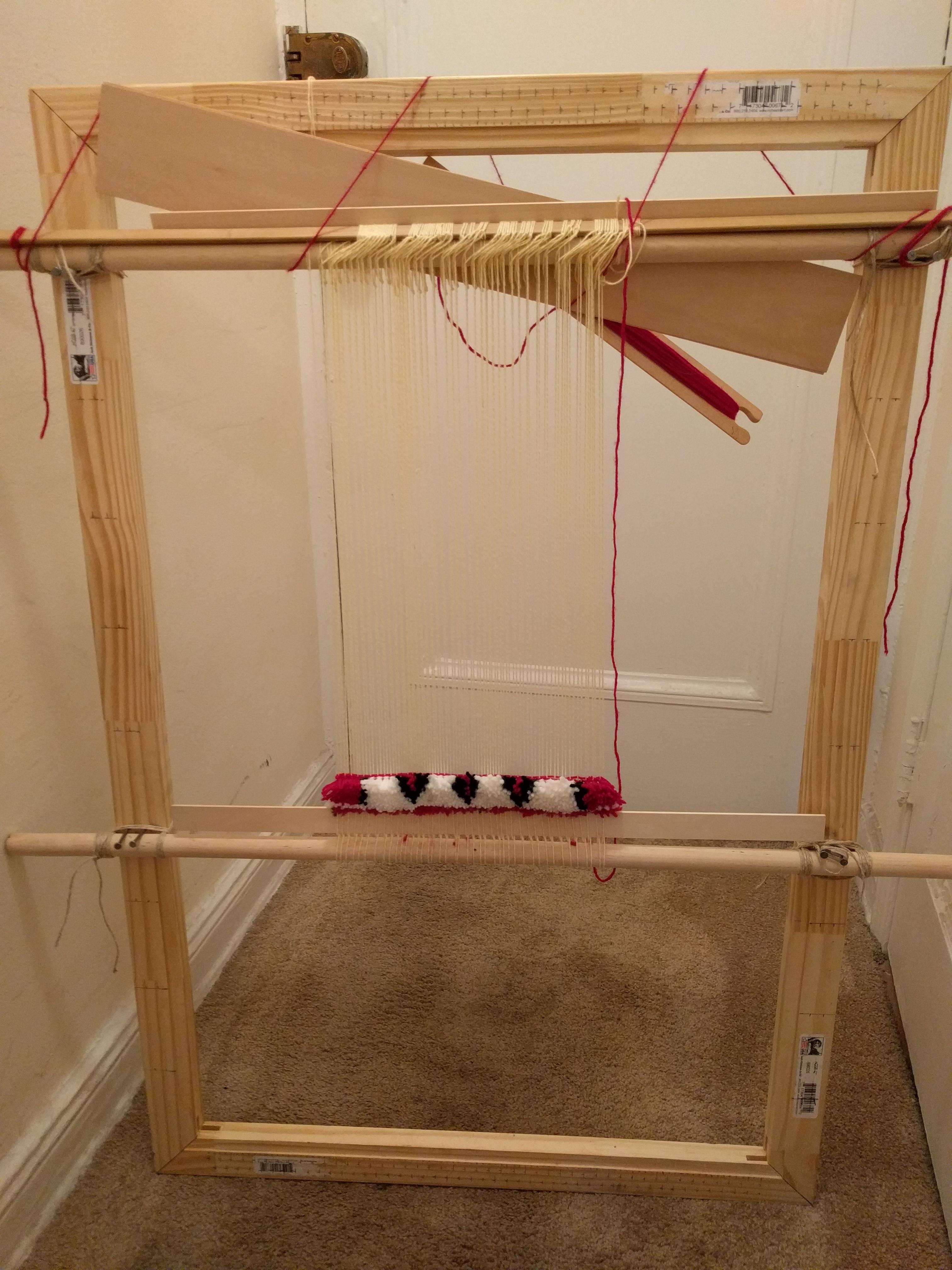 Homemade loom for knotted pile rug making r/weaving