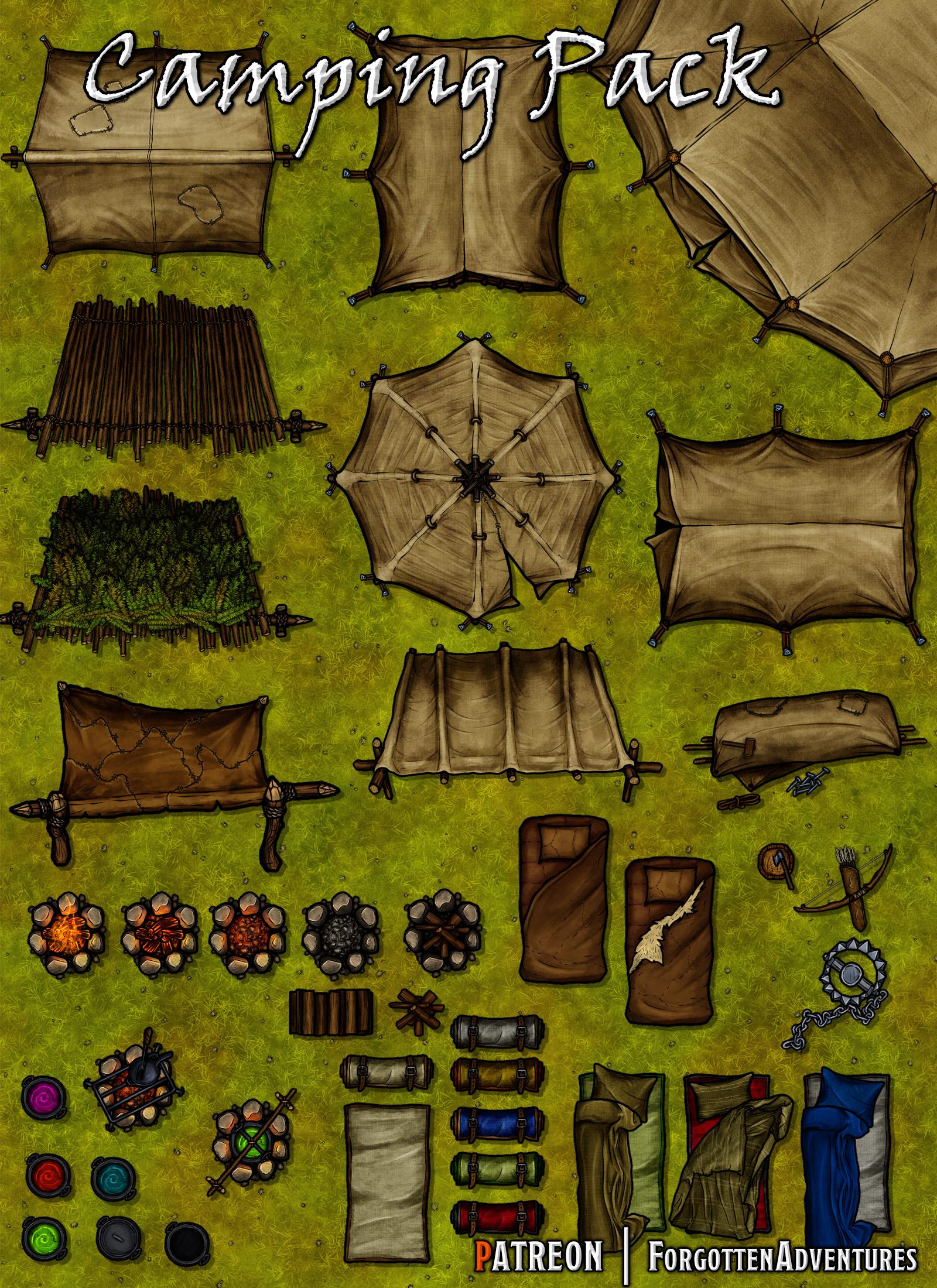 [OC][Art] Free Mapmaking assets! Tents, Bedding, Campfires and more