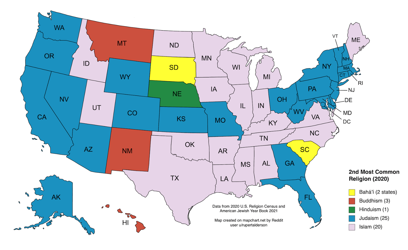 [Updated for 2020] The second biggest religion in each U.S. state r