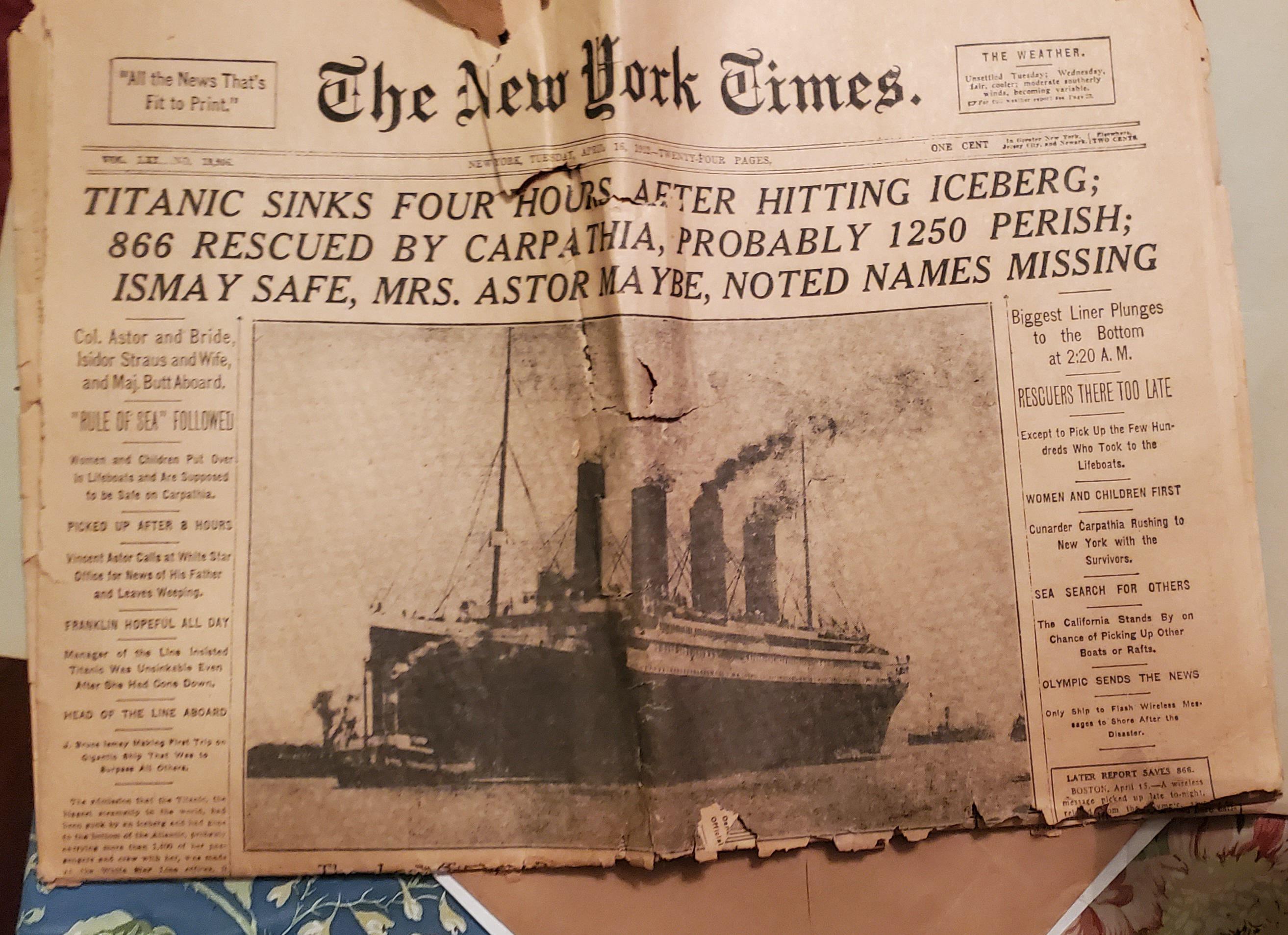 Found an original New York Times paper from the day after the Titanic