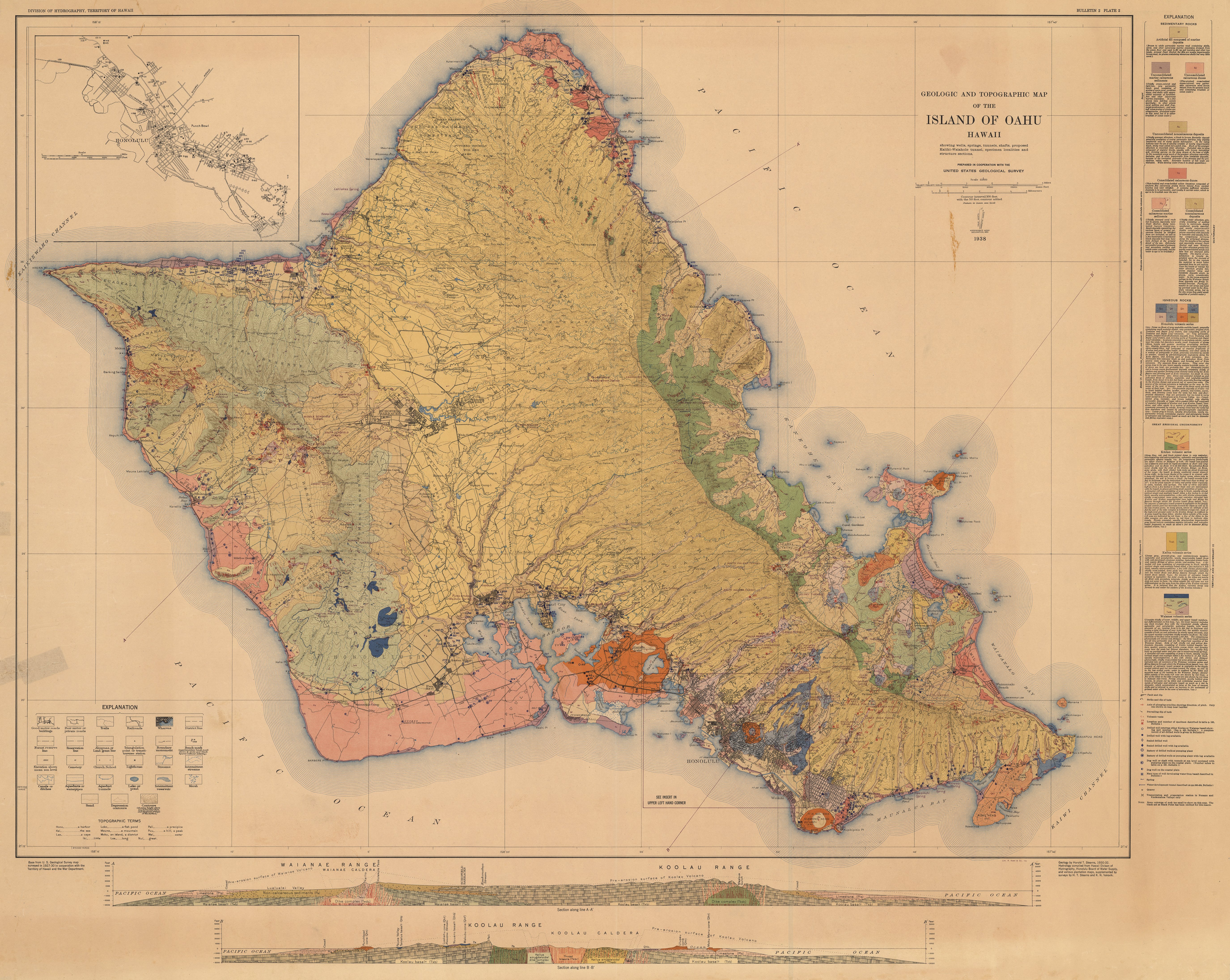 Geologic and topographic map of the Island of Oahu, Hawaii, 1938 r