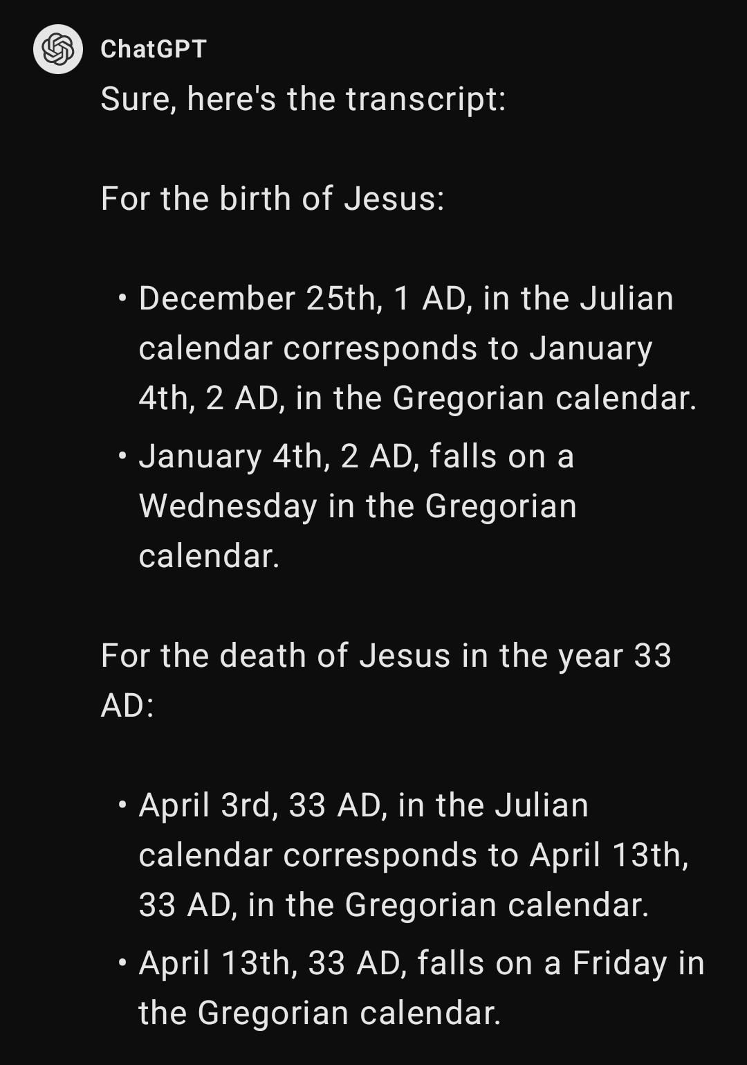I asked chatgpt to calculate the dates of jesus' birth and death r