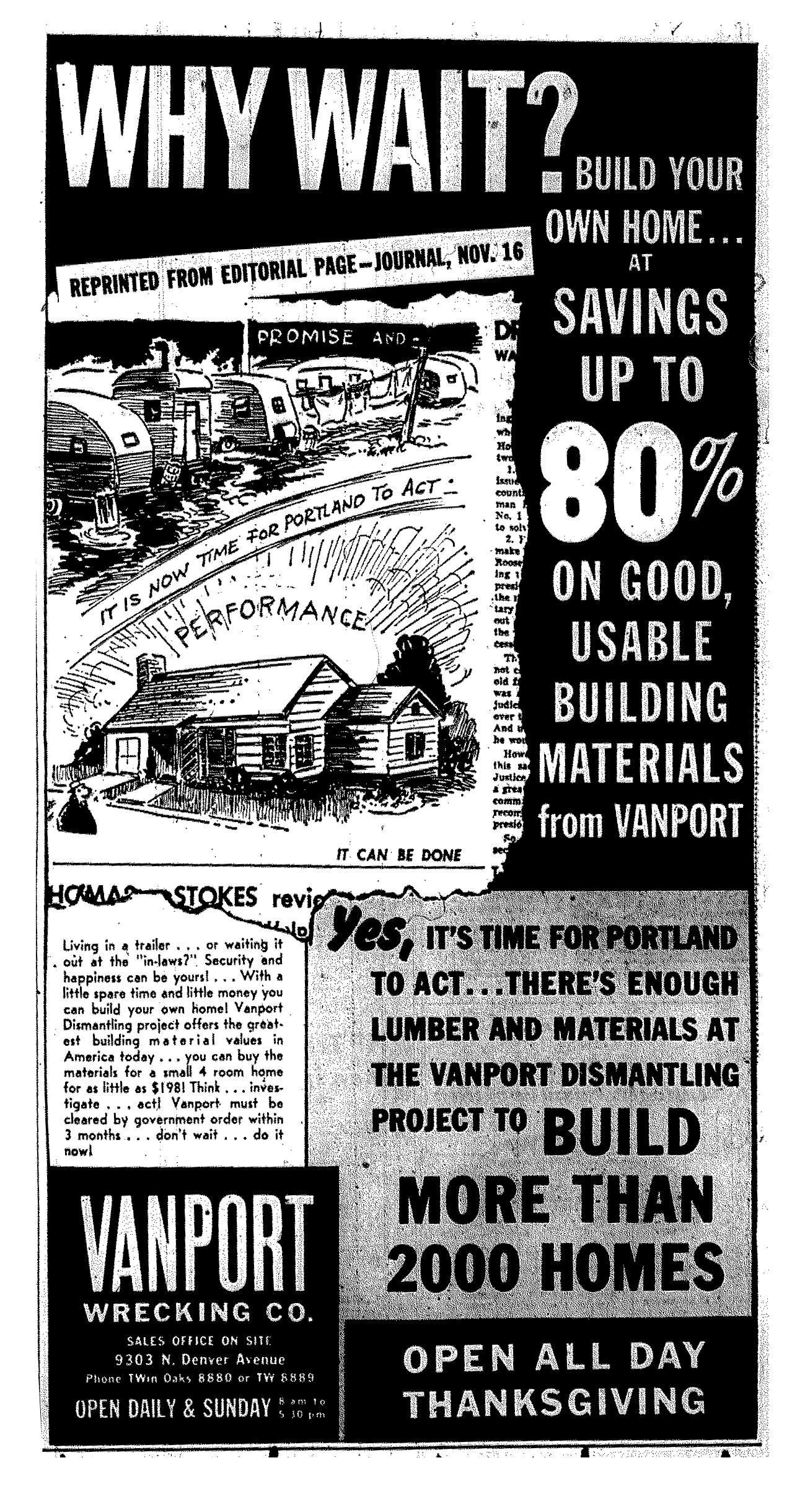 "Vanport Wrecking" 1948 Ad from Oregon Journal 1948 Salvaged Building
