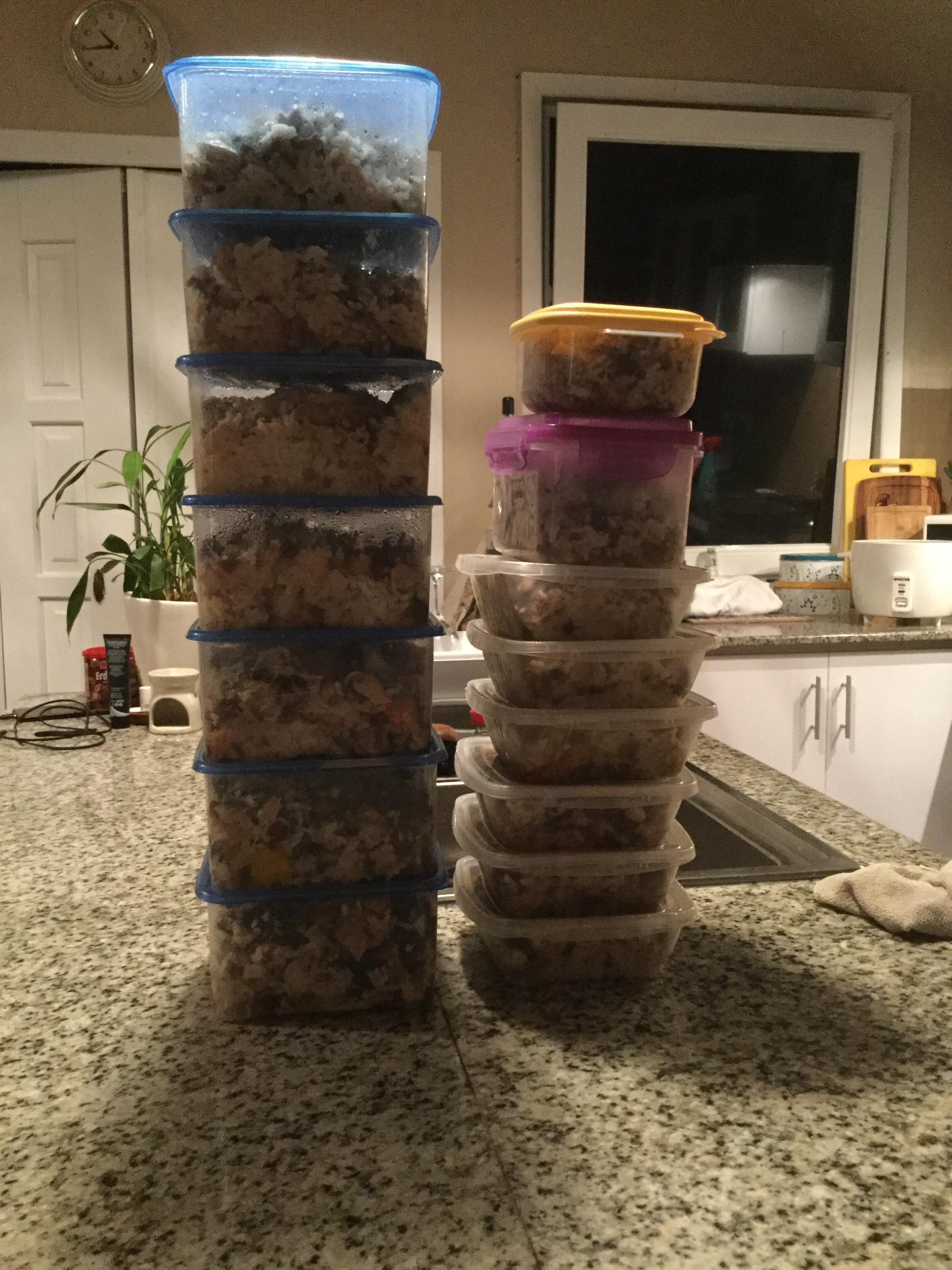 My mom’s meal prep for her dogs! It’s the culture here to feed dogs