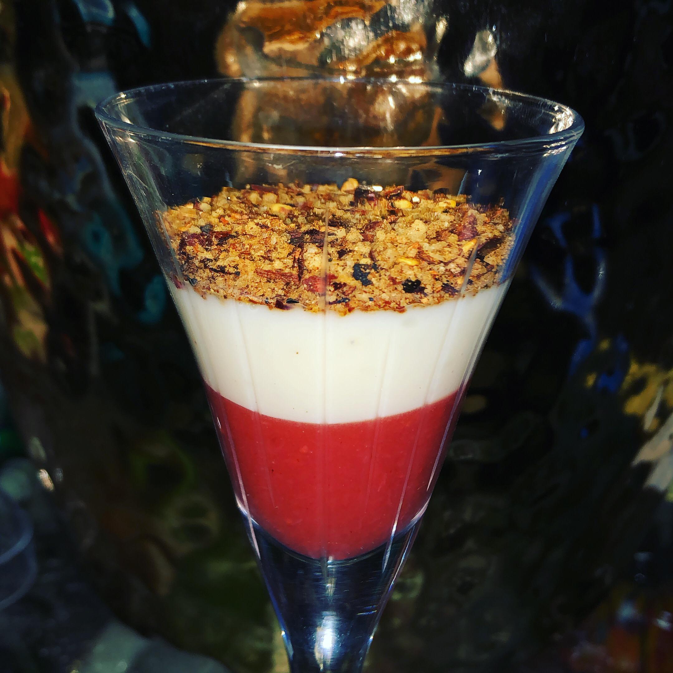 Berry Bomb Dessert Shot strawberry Carolina reaper coulis, vanilla