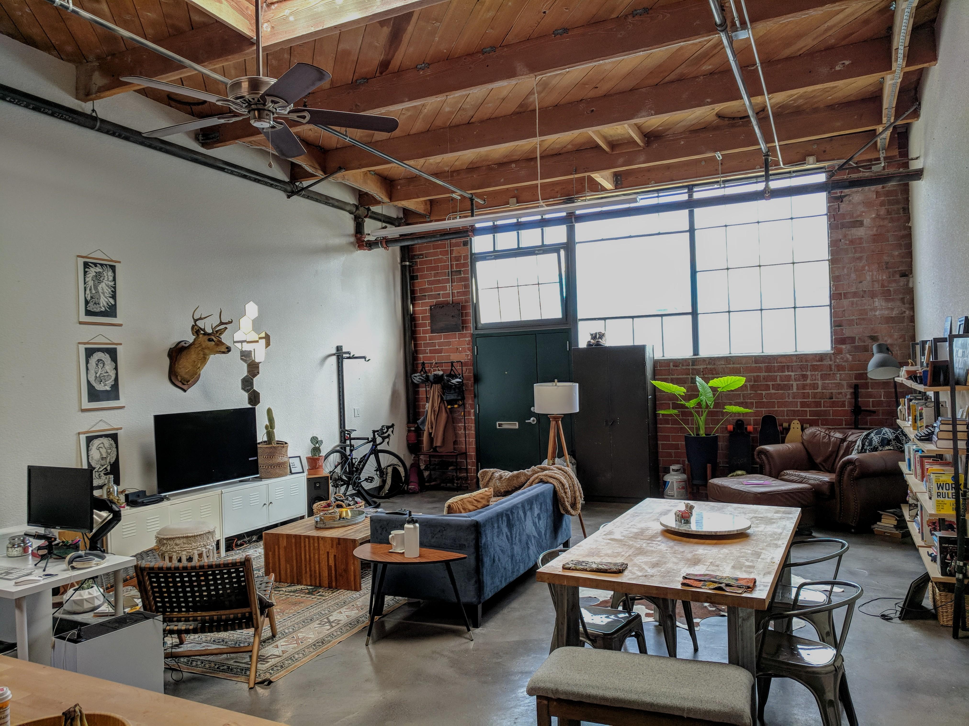 My warehouse living room (and dining, study, etc) in Oakland, CA r