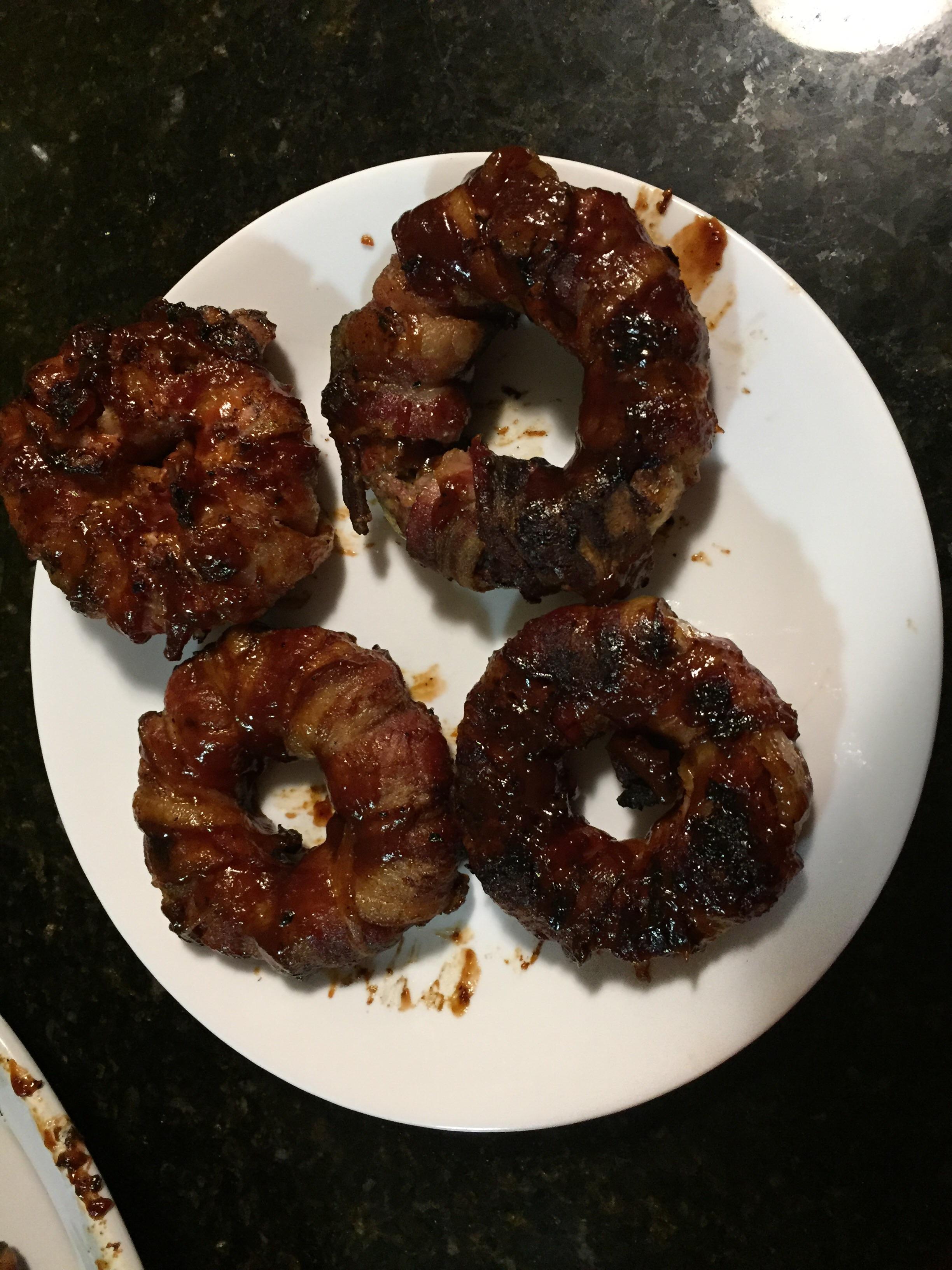 Bacon wrapped onion cheese burger r/BBQ