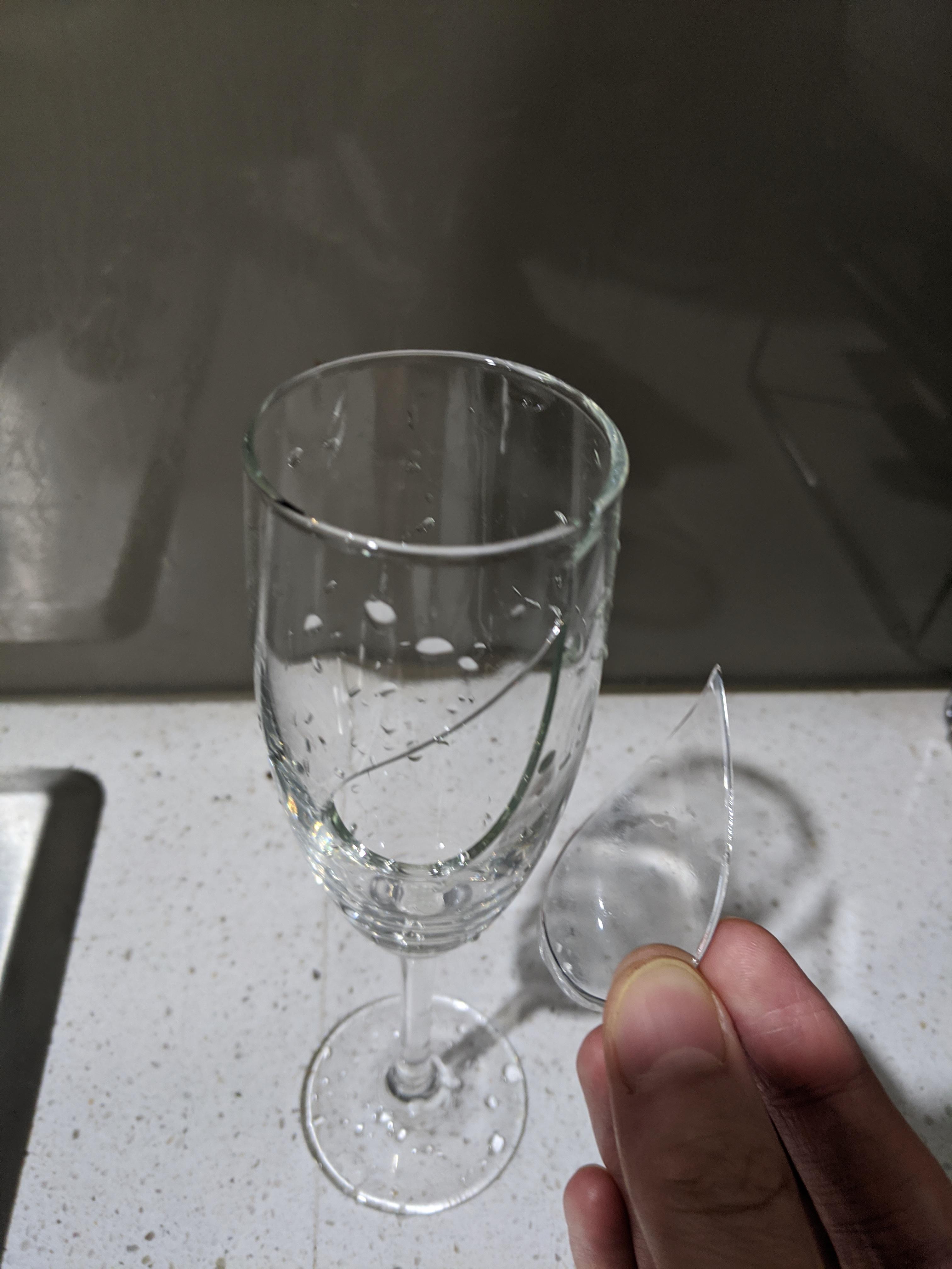 My wine glass cracked out a teardrop.